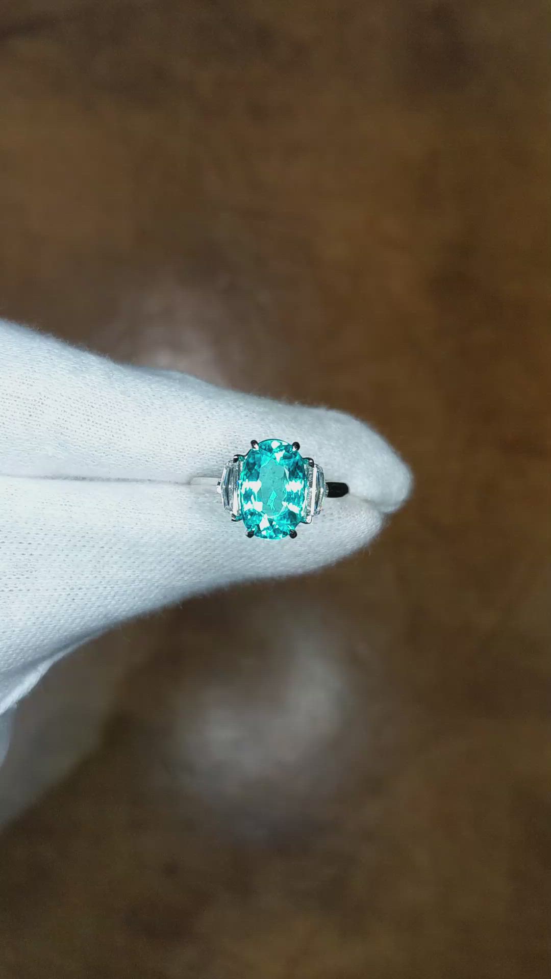 2.88 Ct. Greenish Blue Paraiba Tourmaline and Natural Diamond Three Stone Ring, Platinum 950 Size Video