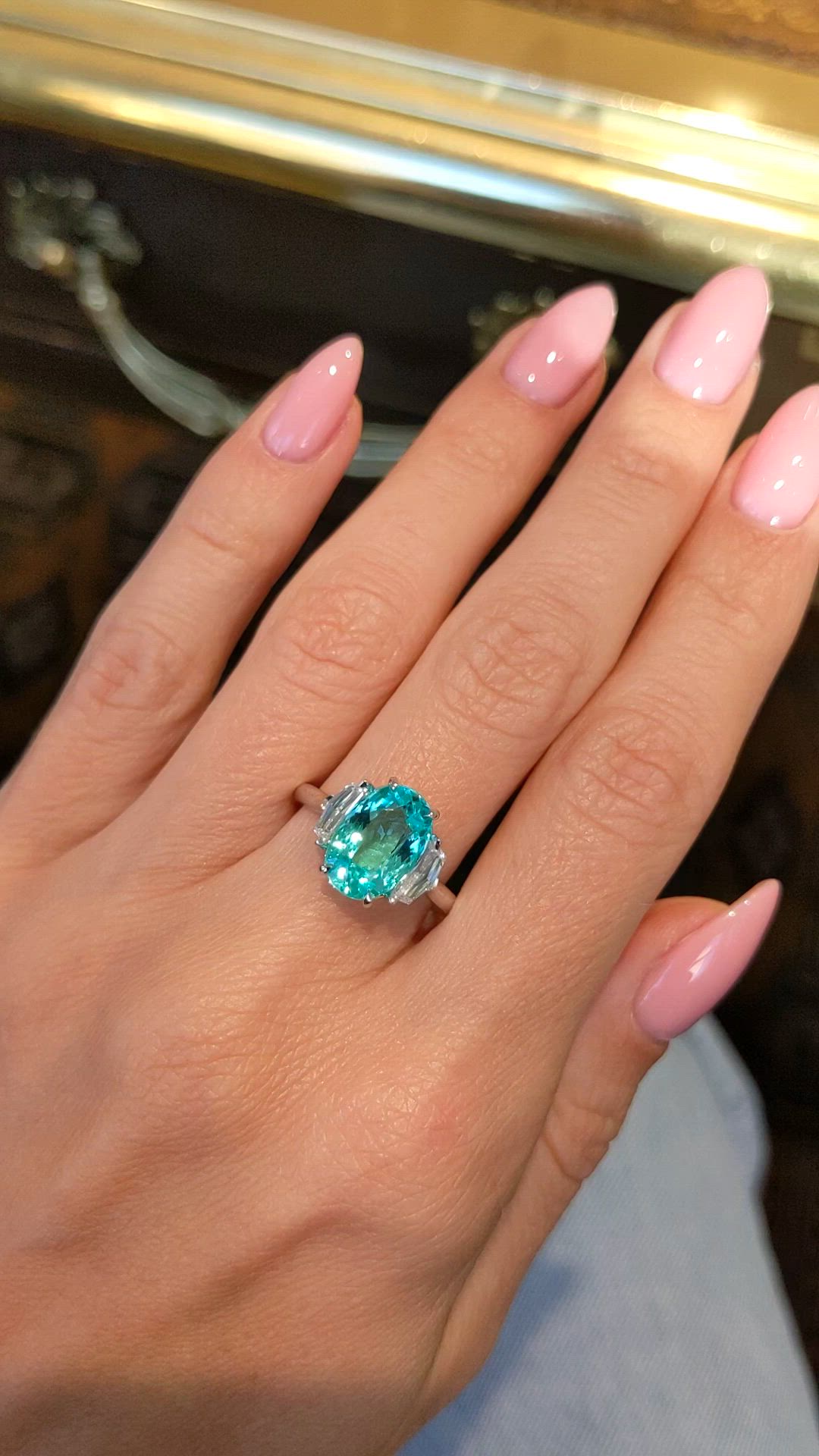2.88 Ct. Greenish Blue Paraiba Tourmaline and Natural Diamond Three Stone Ring, Platinum 950 Size Video