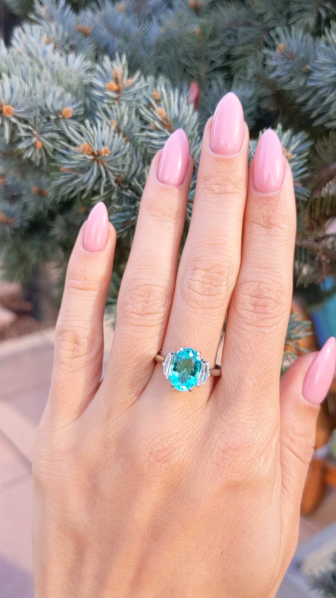 2.88 Ct. Greenish Blue Paraiba Tourmaline and Natural Diamond Three Stone Ring, Platinum 950 Size Video