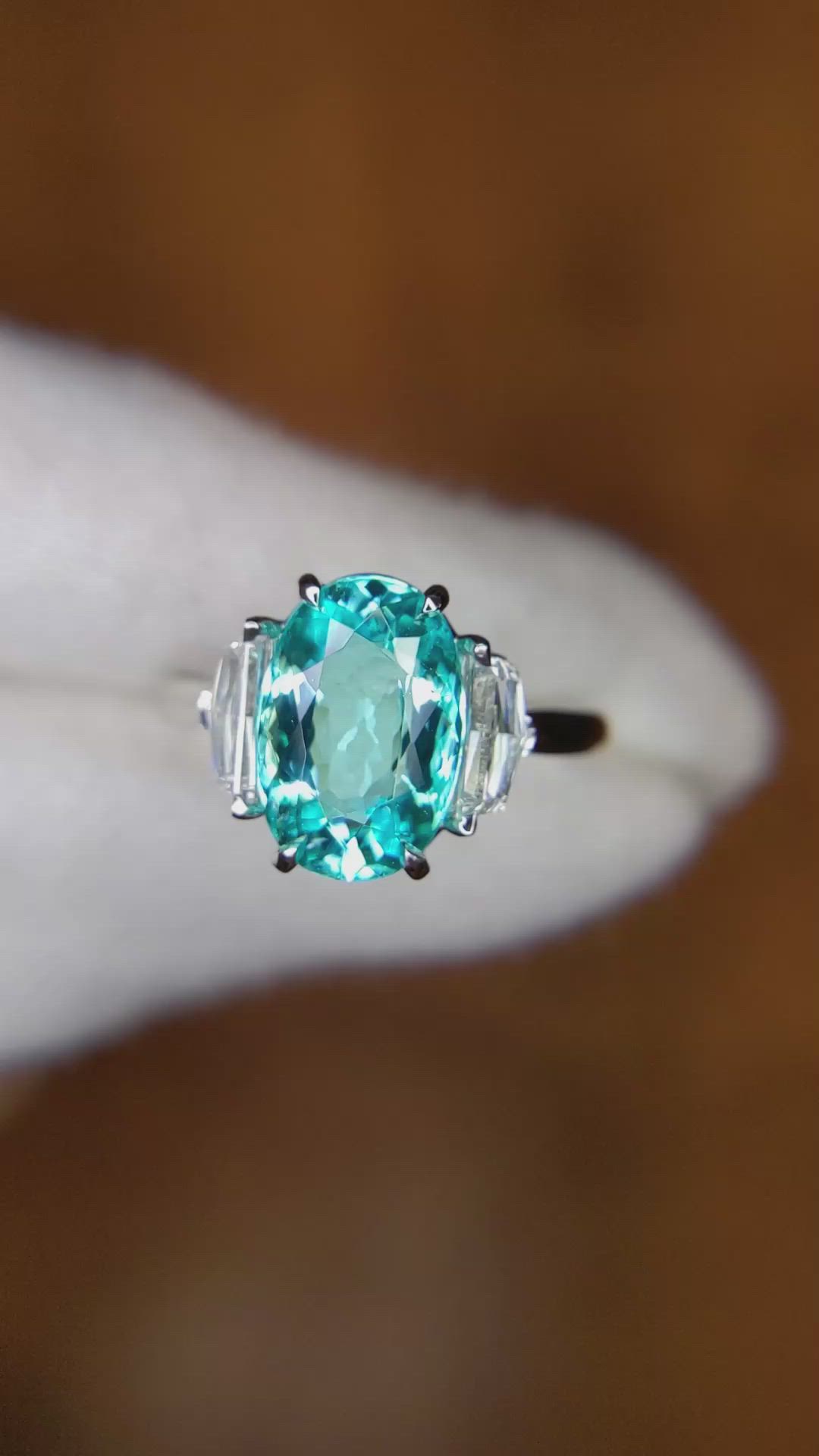2.88 Ct. Greenish Blue Paraiba Tourmaline and Natural Diamond Three Stone Ring, Platinum 950 Size Video