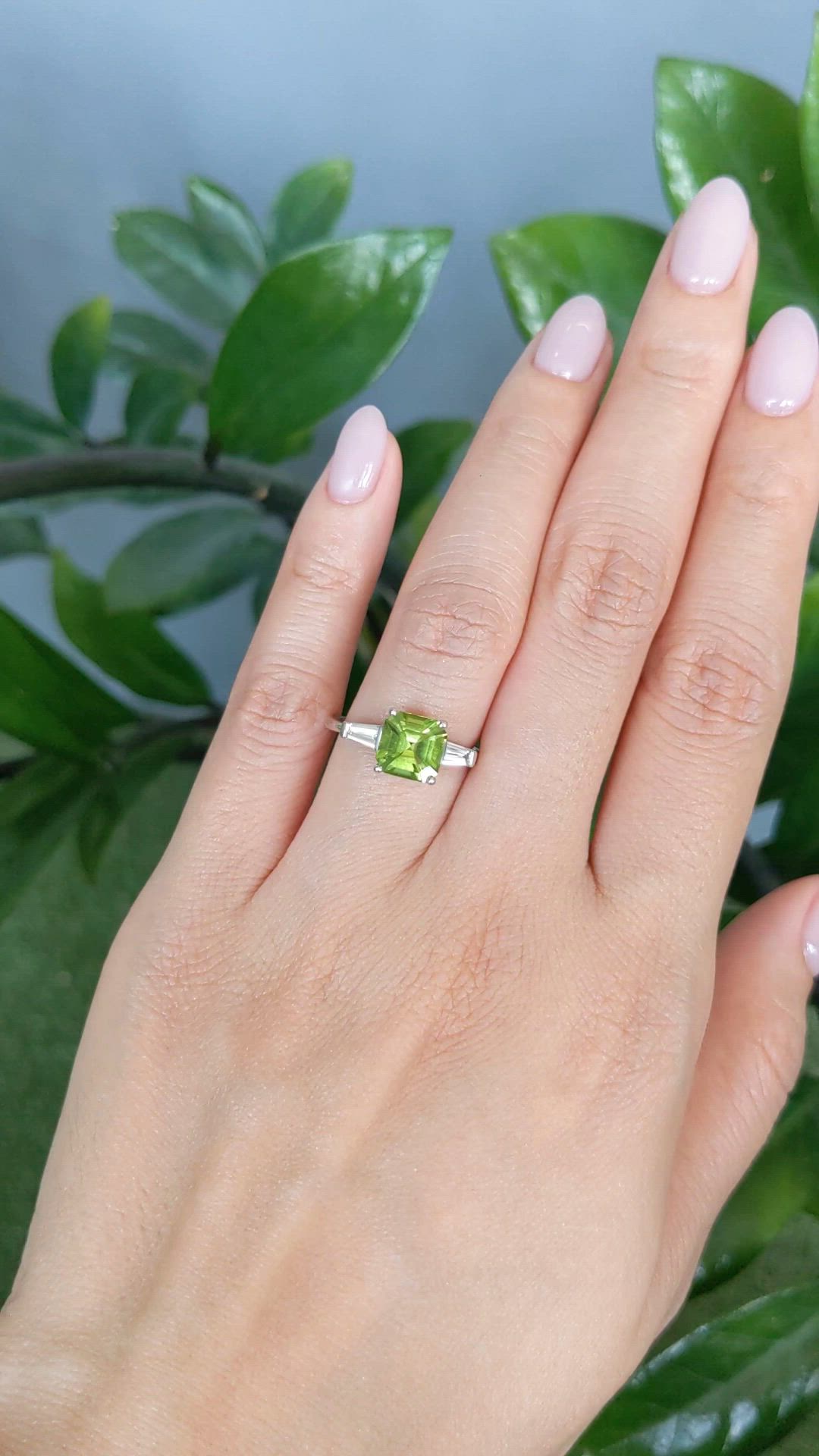 1.83 Ct. Green (Lime Green) Peridot and Natural Diamond Three Stone Ring, Platinum 950 Size Video