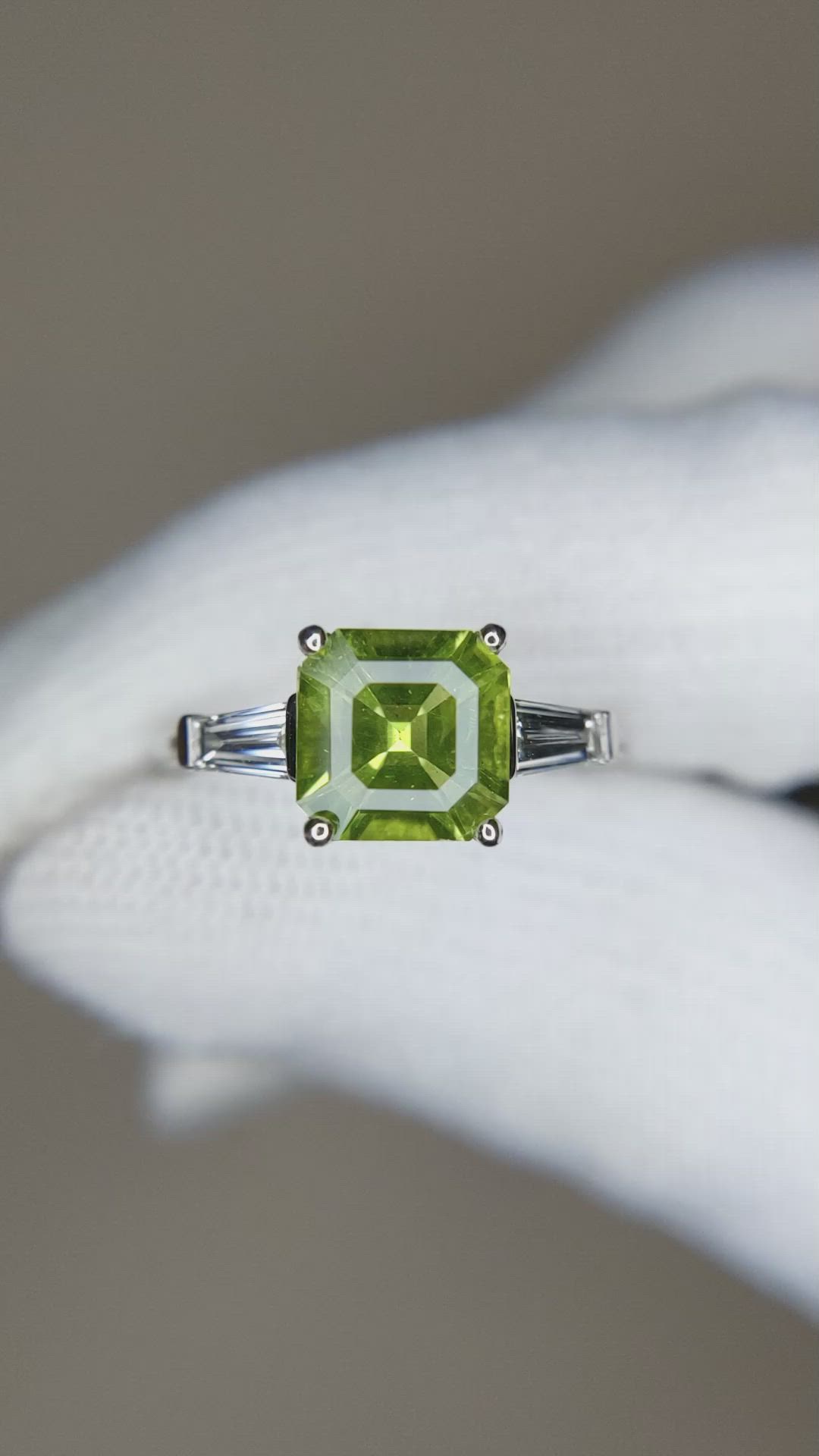 1.83 Ct. Green (Lime Green) Peridot and Natural Diamond Three Stone Ring, Platinum 950 Size Video