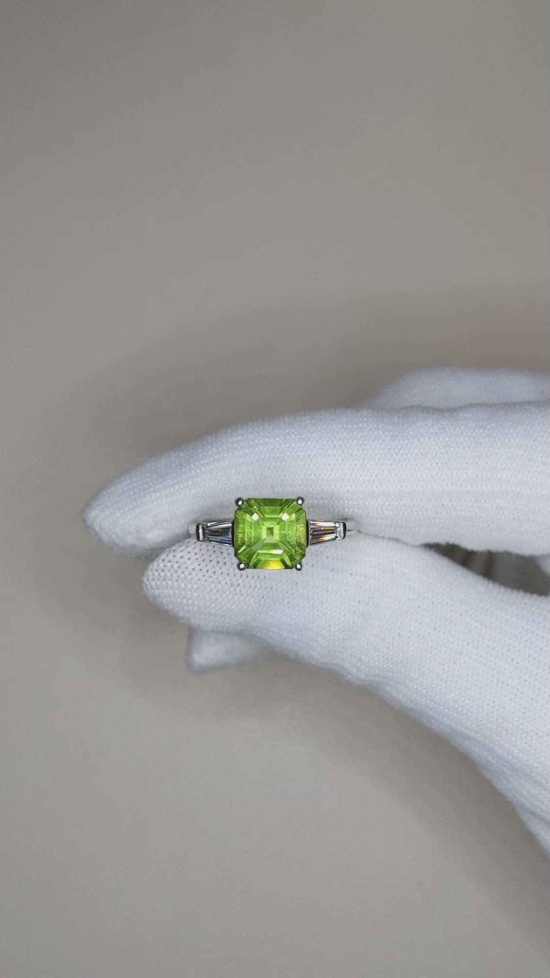 1.83 Ct. Green (Lime Green) Peridot and Natural Diamond Three Stone Ring, Platinum 950 Size Video