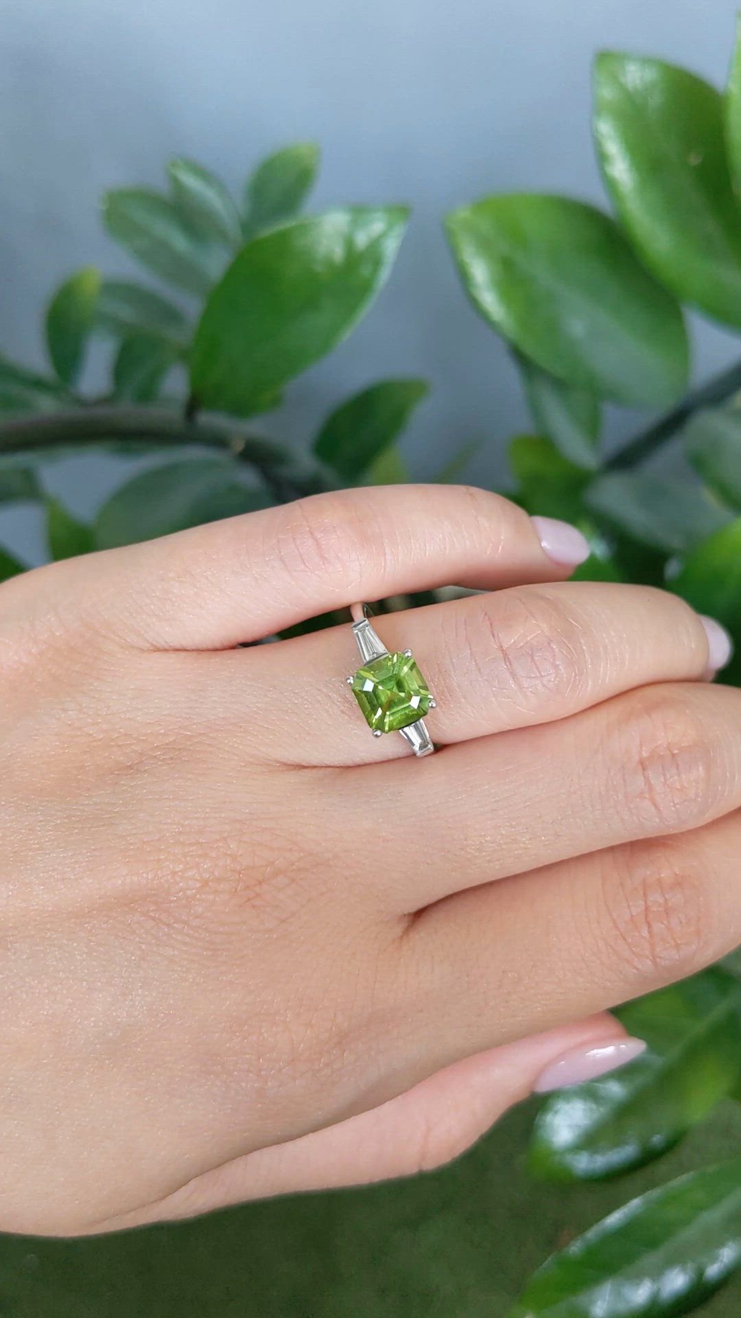 1.83 Ct. Green (Lime Green) Peridot and Natural Diamond Three Stone Ring, Platinum 950 Size Video