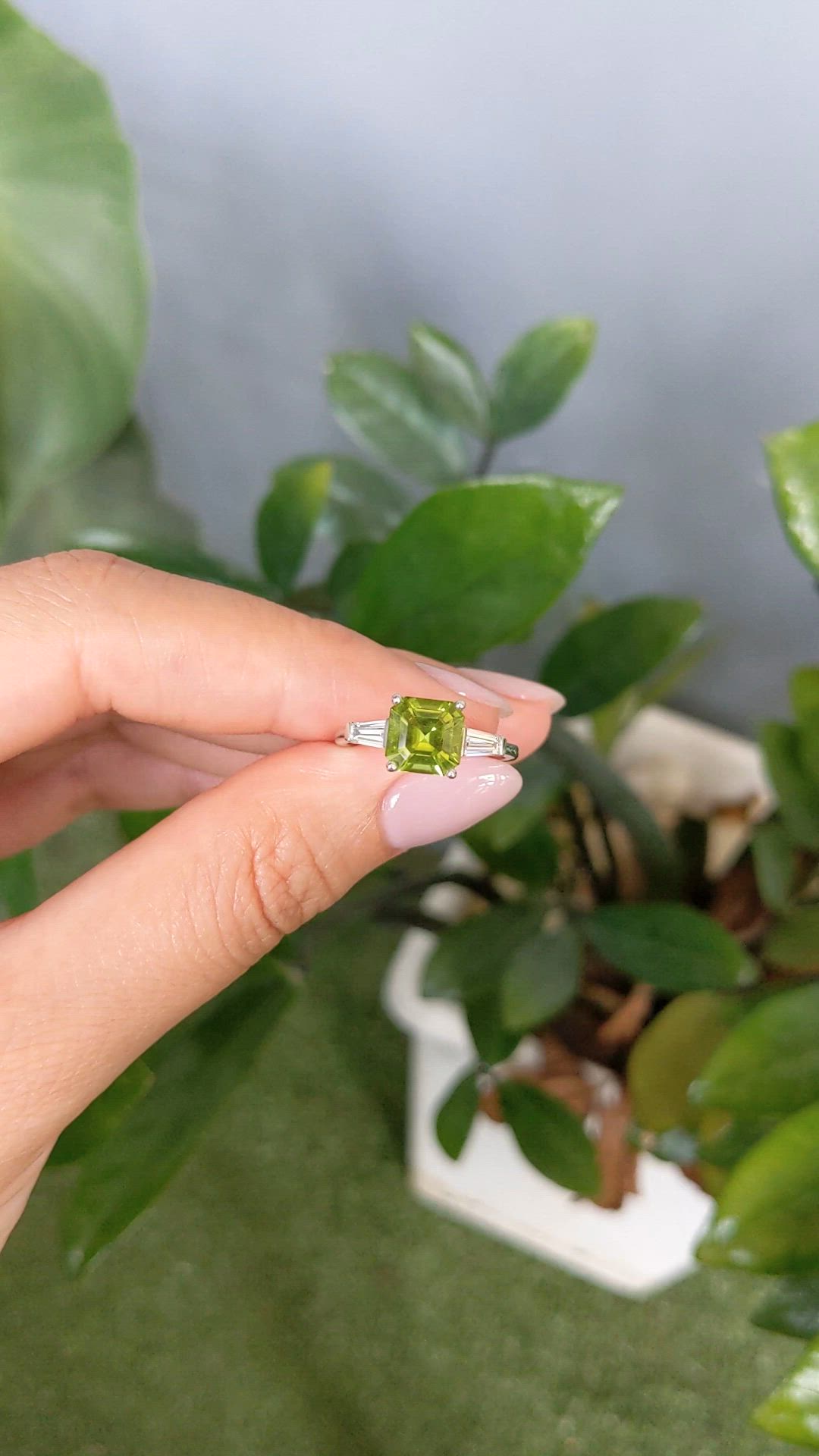 1.83 Ct. Green (Lime Green) Peridot and Natural Diamond Three Stone Ring, Platinum 950 Size Video