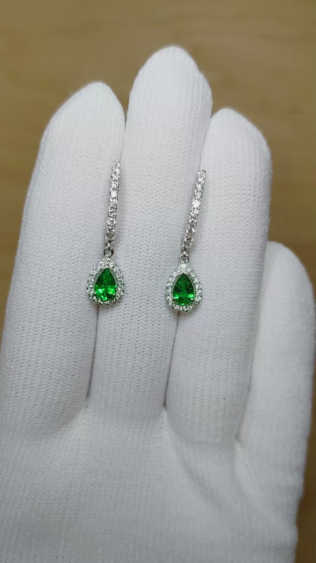 0.87&nbsp;Ct.Tw.Total Carat Weight Tsavorite Garnet and Natural Diamond Halo Earrings, 14K White Gold Size Video