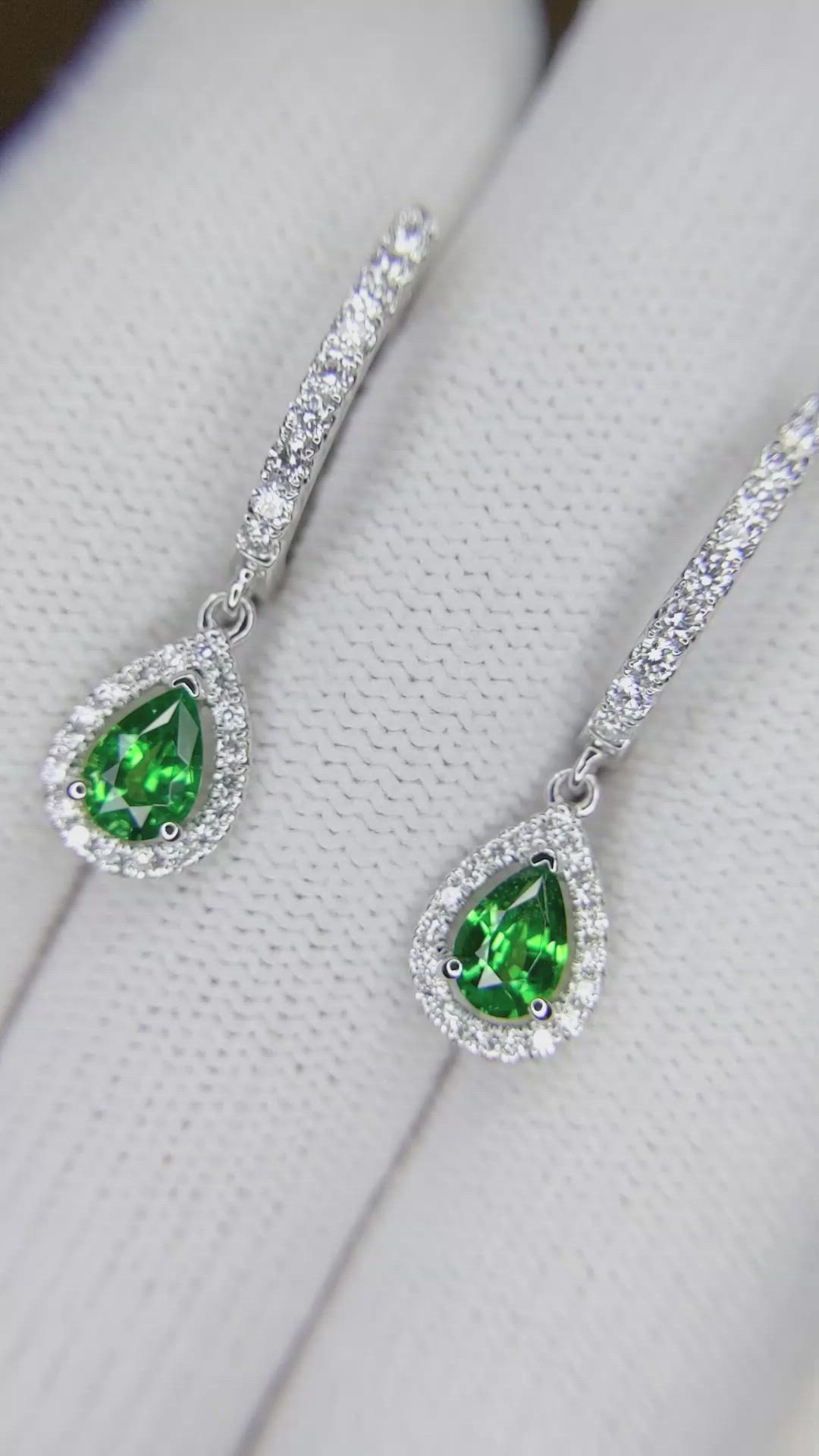 0.87&nbsp;Ct.Tw.Total Carat Weight Tsavorite Garnet and Natural Diamond Halo Earrings, 14K White Gold Size Video
