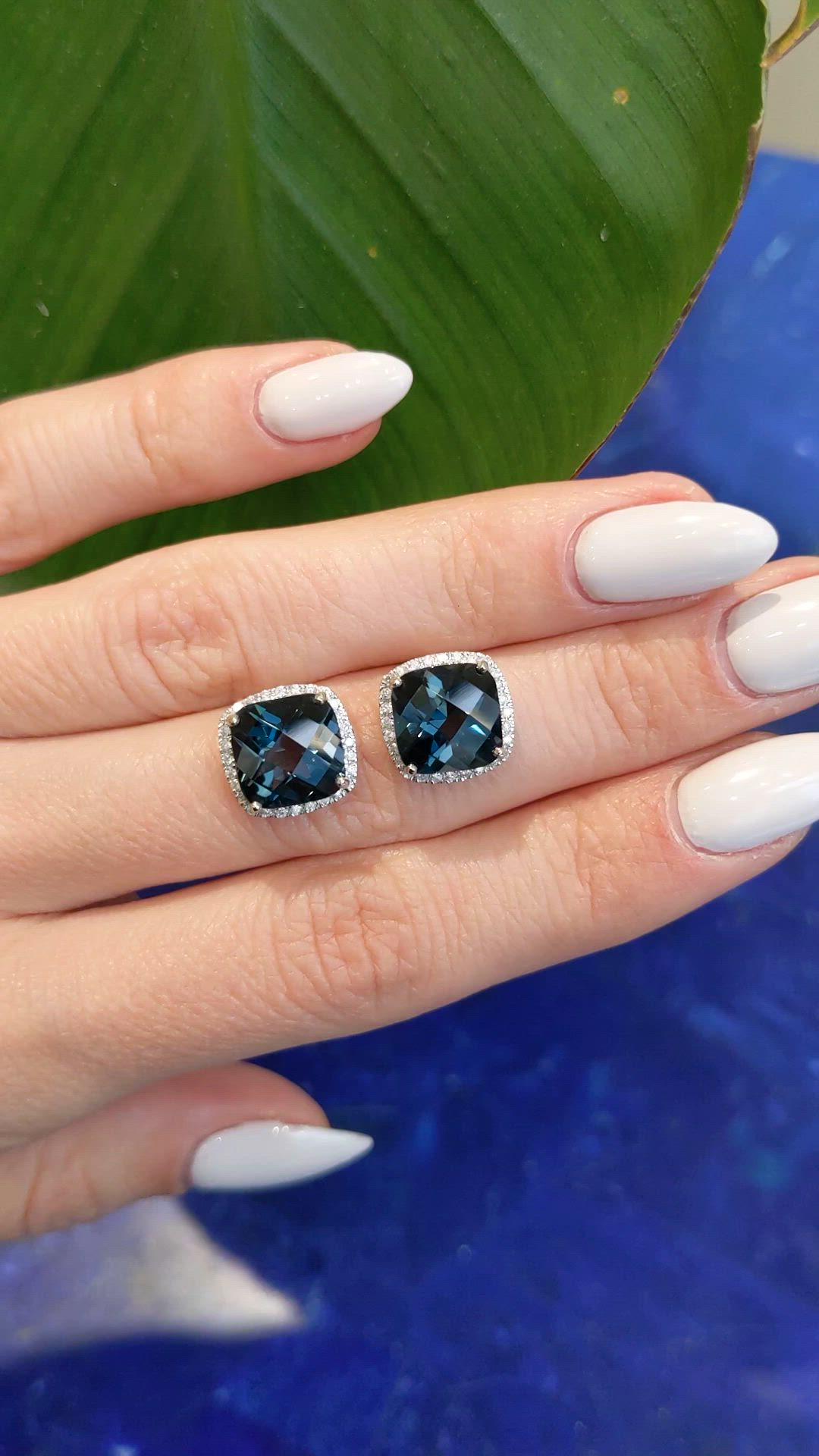 7.82 Ct.Tw.Total Carat Weight Blue Topaz and Natural Diamond Studs Earrings, 14K White Gold Size Video