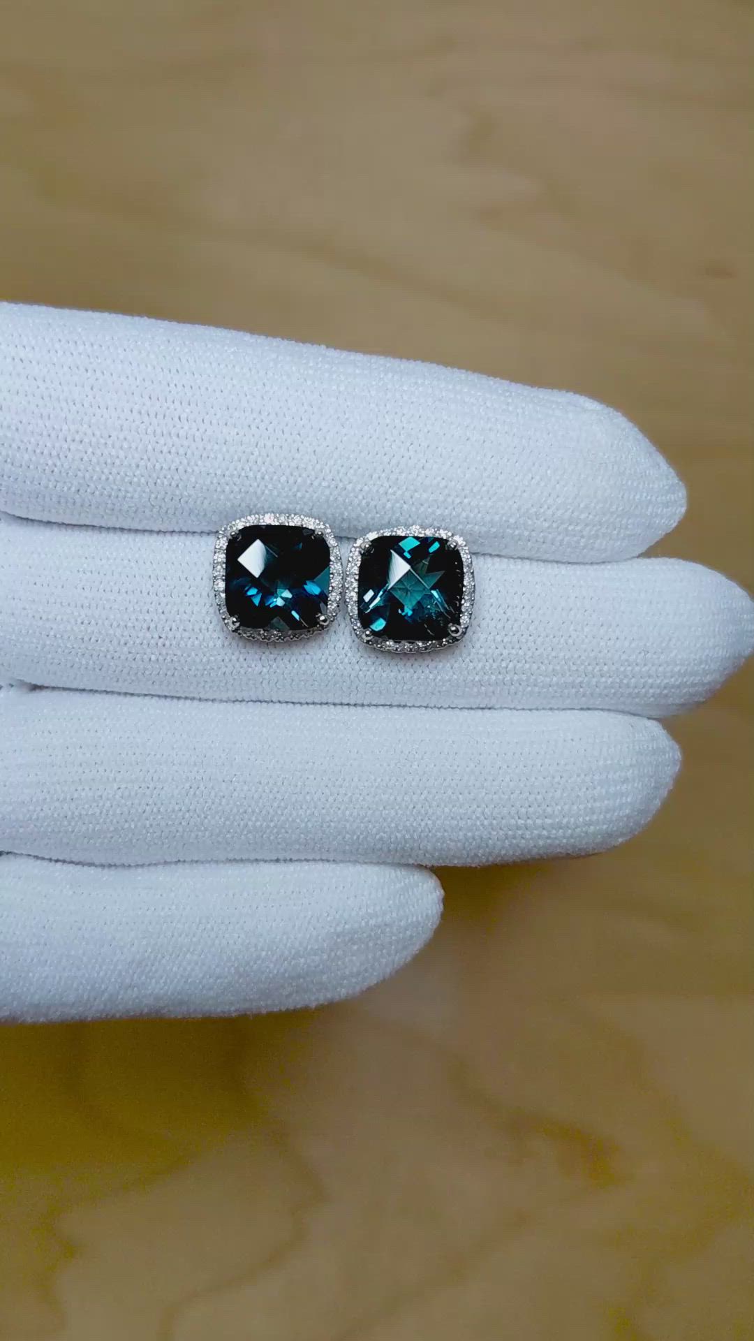 7.82 Ct.Tw.Total Carat Weight Blue Topaz and Natural Diamond Studs Earrings, 14K White Gold Size Video