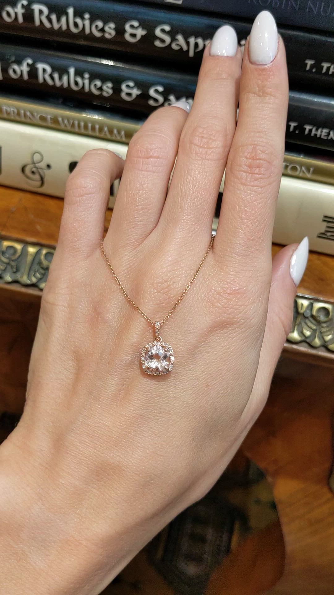 1.15 Ct. Peach Morganite and Natural Diamond Halo Pendant, 14K Rose Gold Size Video
