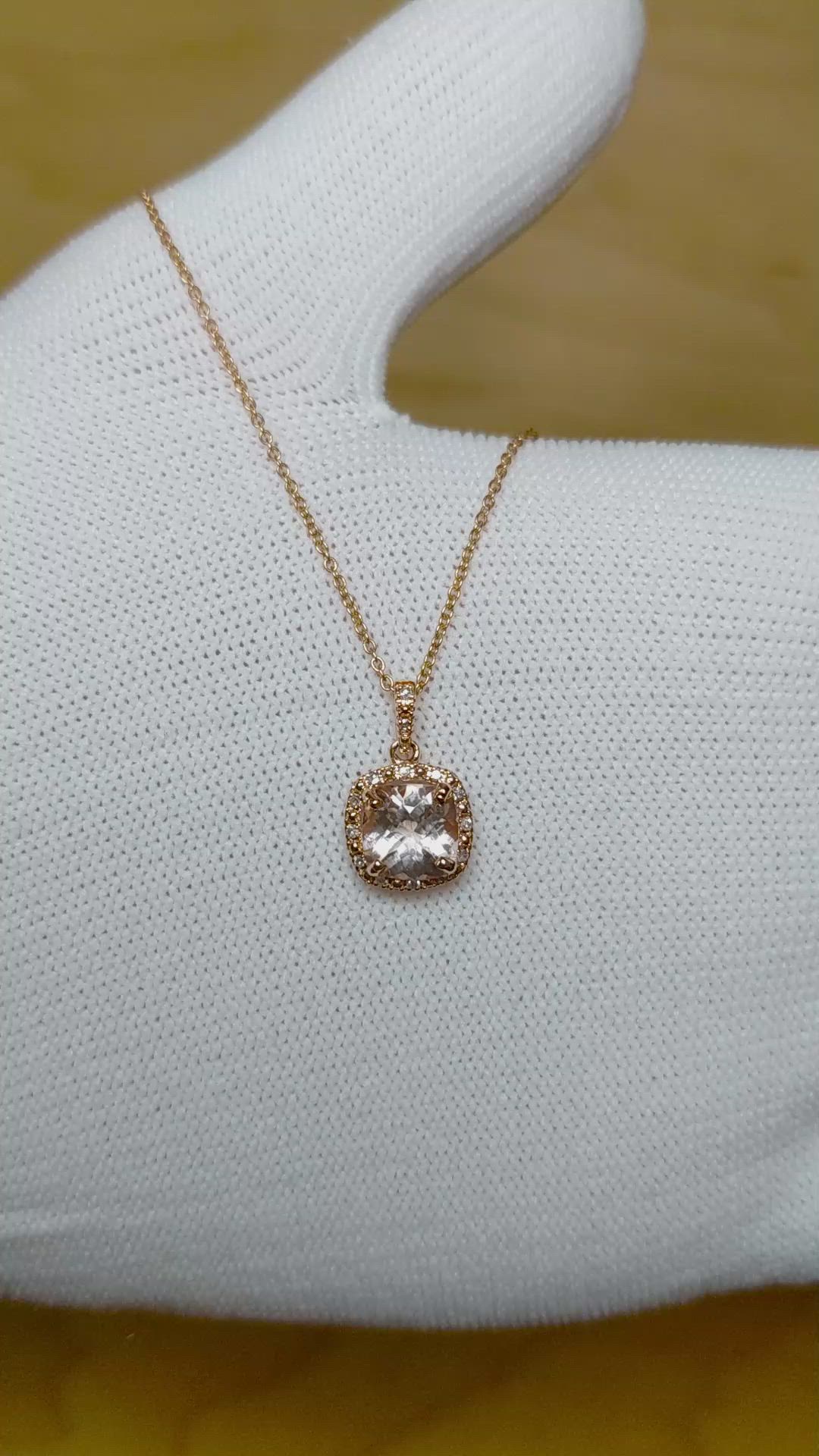 1.15 Ct. Peach Morganite and Natural Diamond Halo Pendant, 14K Rose Gold Size Video