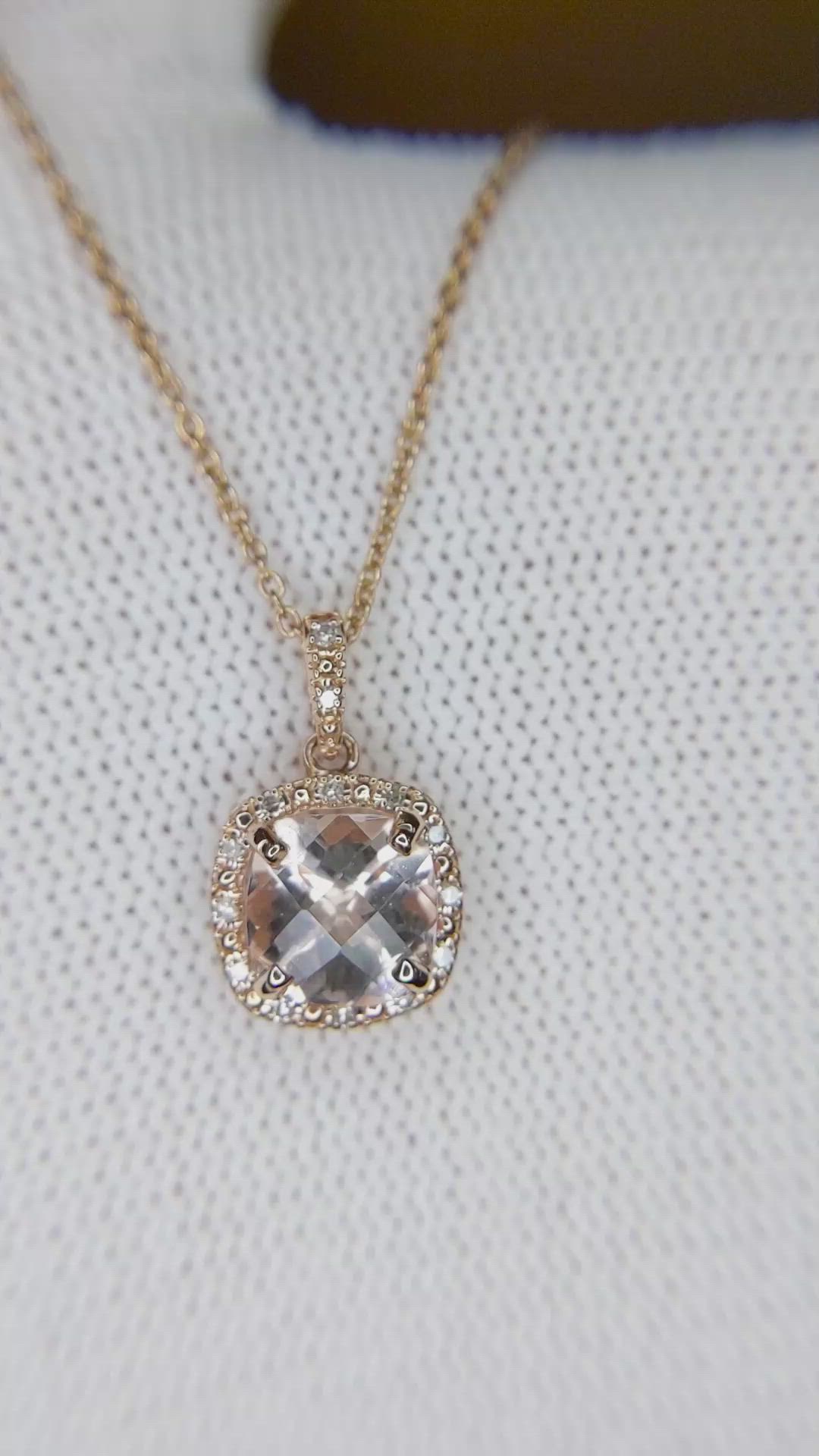1.15 Ct. Peach Morganite and Natural Diamond Halo Pendant, 14K Rose Gold Size Video