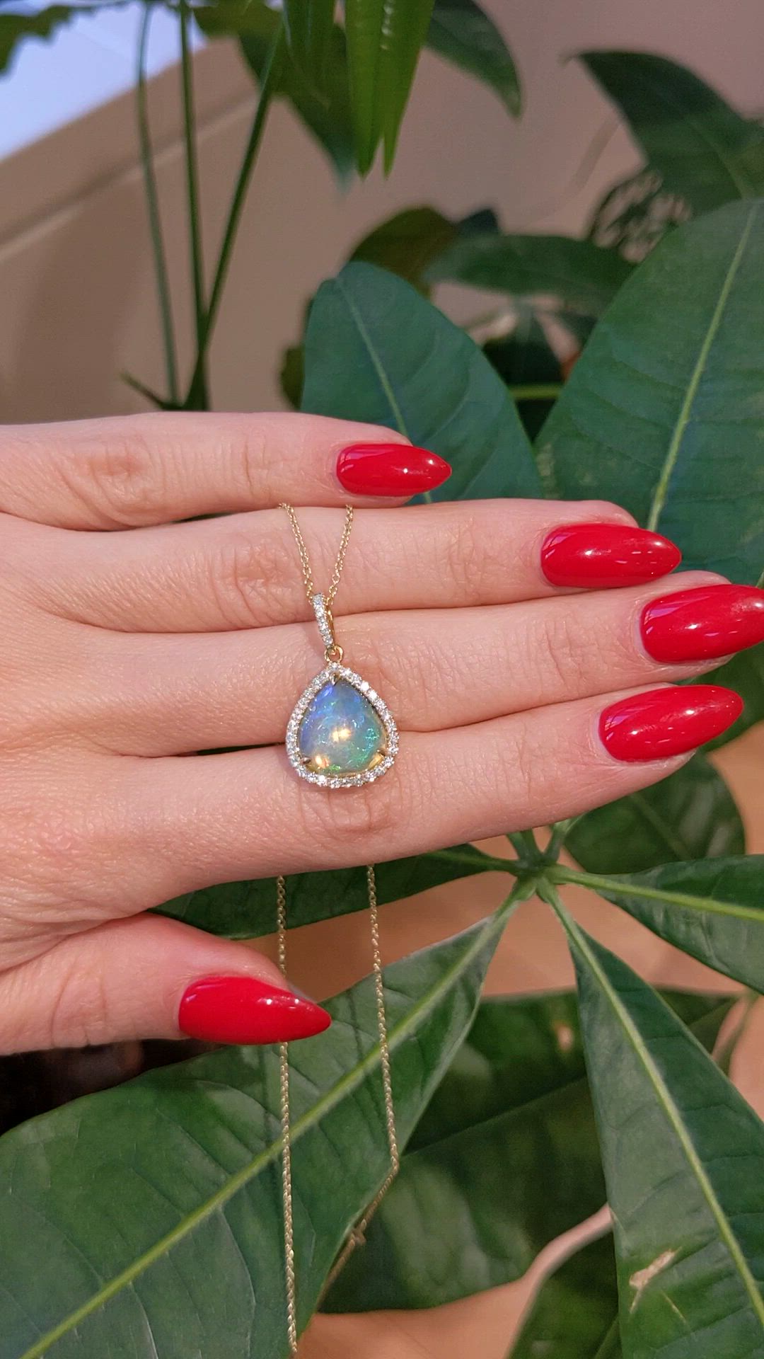 3.44 Ct. Multi Color Opal and Natural Diamond Halo Pendant, 14K Yellow Gold Size Video