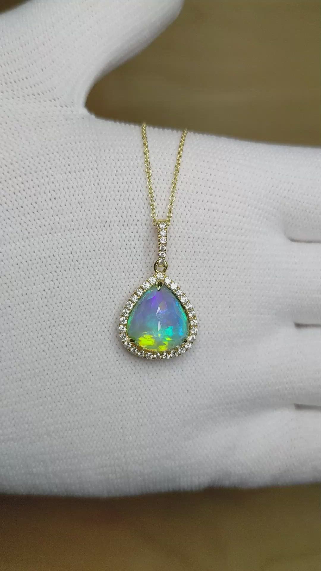 3.44 Ct. Multi Color Opal and Natural Diamond Halo Pendant, 14K Yellow Gold Size Video