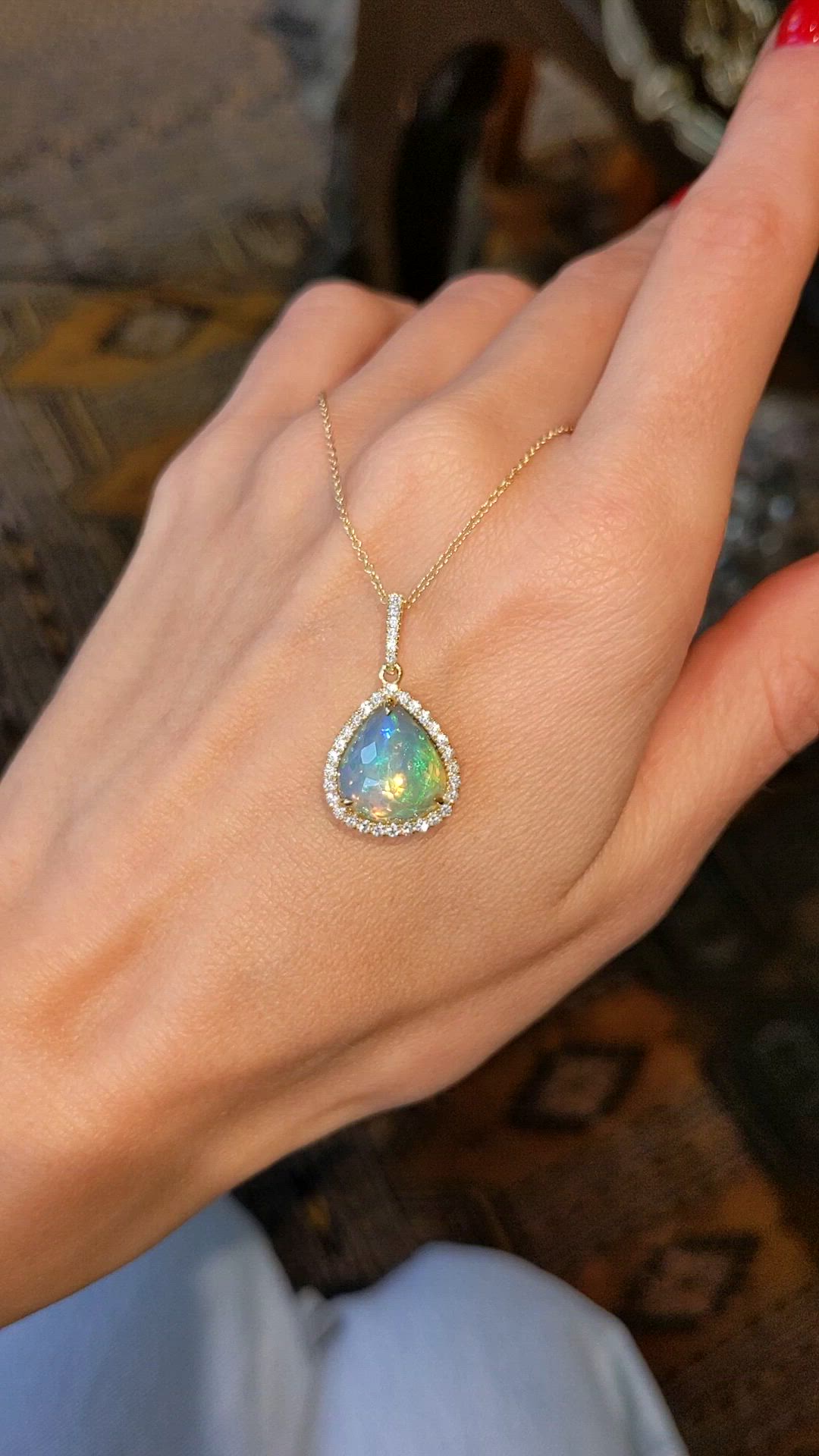 3.44 Ct. Multi Color Opal and Natural Diamond Halo Pendant, 14K Yellow Gold Size Video