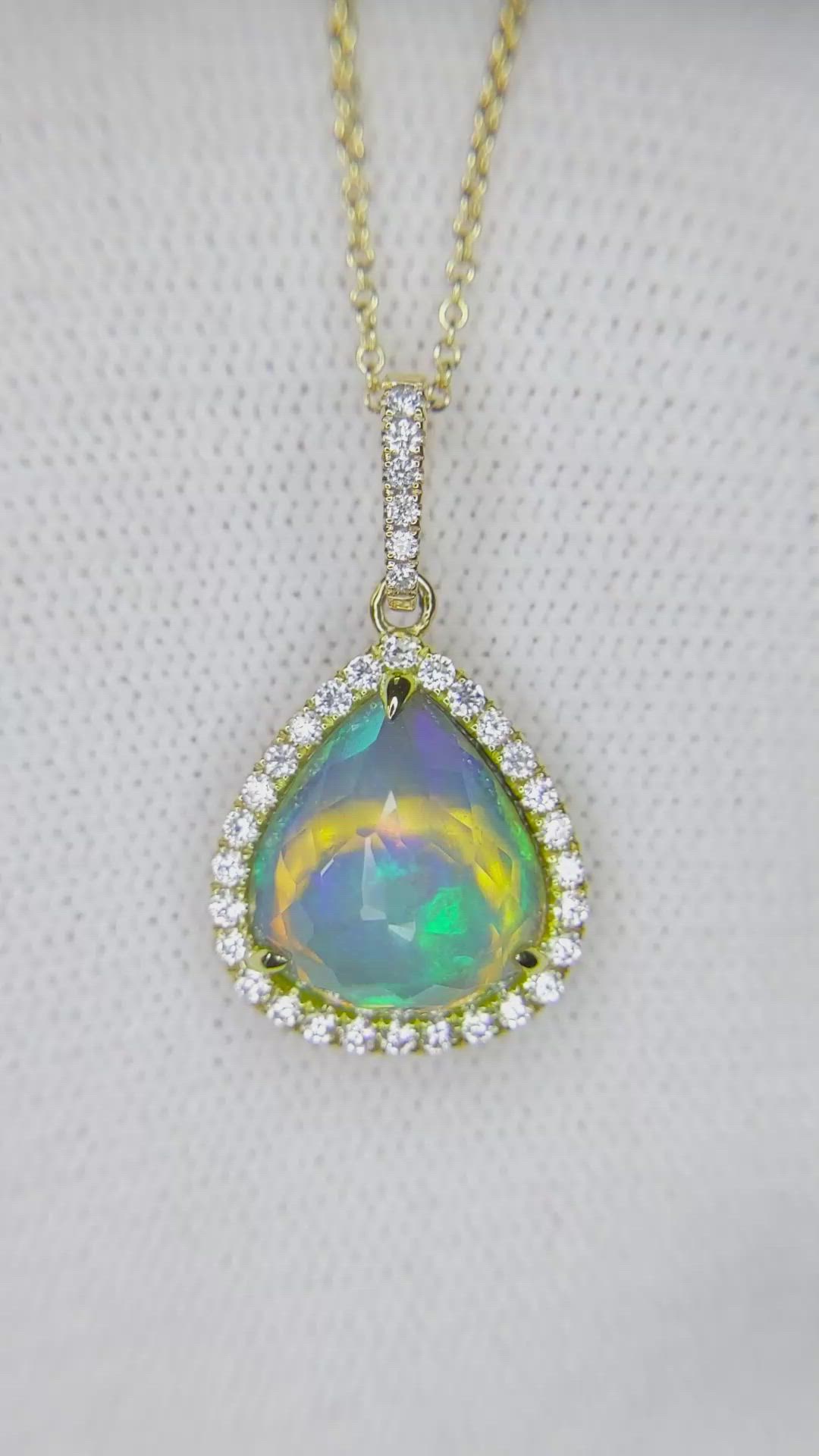 3.44 Ct. Multi Color Opal and Natural Diamond Halo Pendant, 14K Yellow Gold Size Video