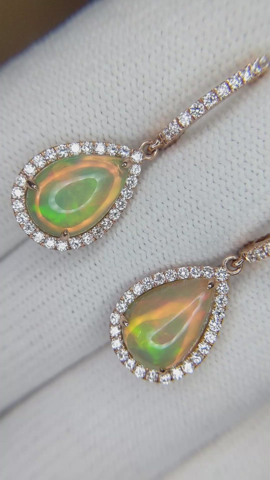 3.37&nbsp;Ct.Tw.Total Carat Weight Multi Color Opal and Natural Diamond Halo Earrings, 14K Rose Gold Size Video