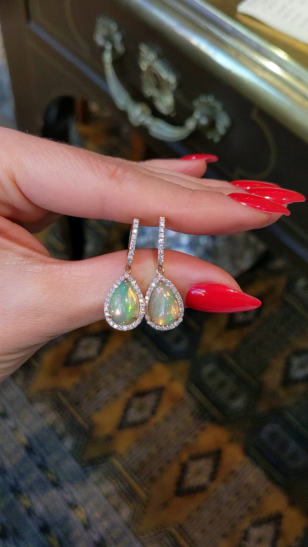 3.37&nbsp;Ct.Tw.Total Carat Weight Multi Color Opal and Natural Diamond Halo Earrings, 14K Rose Gold Size Video