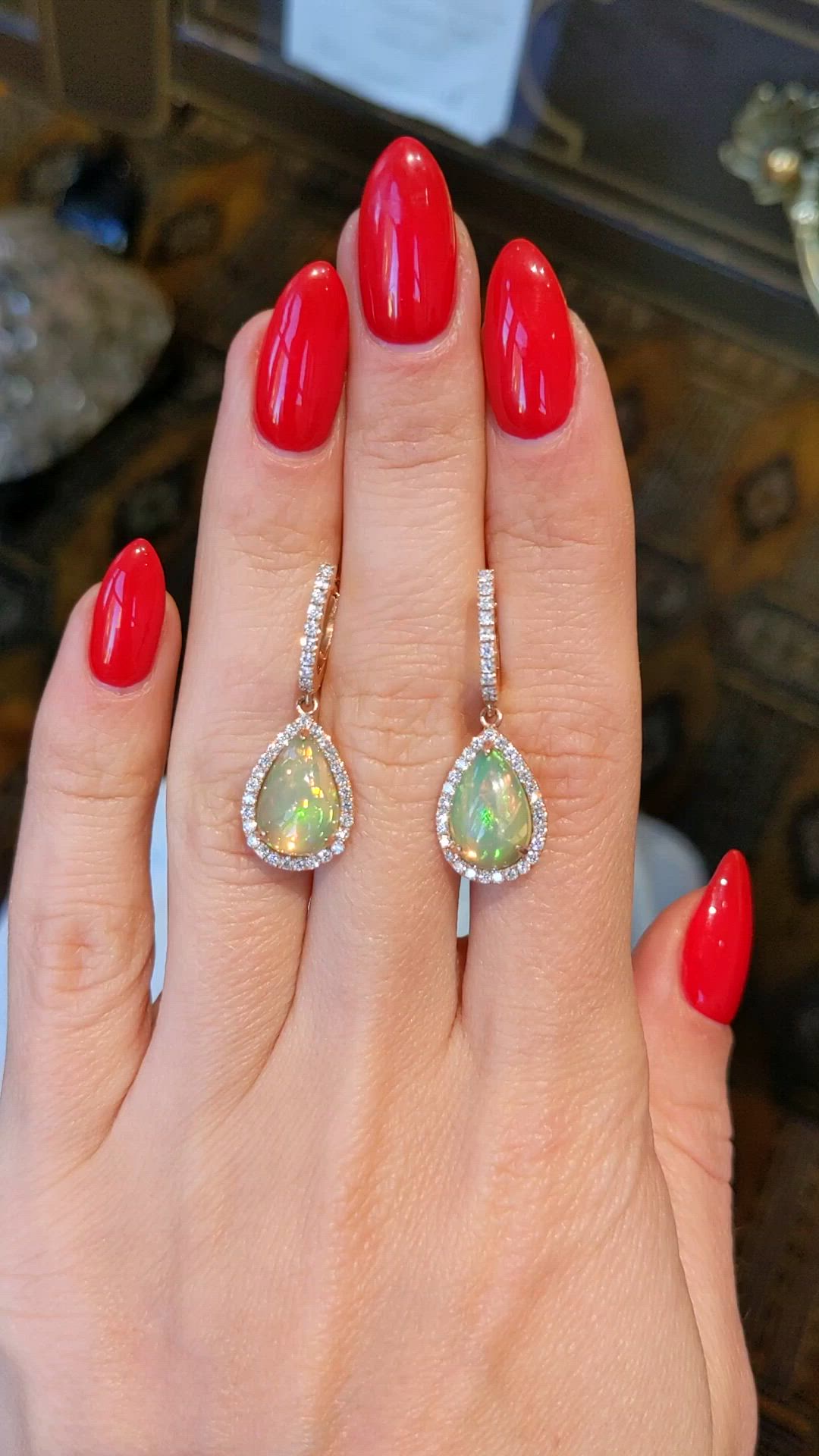 3.37&nbsp;Ct.Tw.Total Carat Weight Multi Color Opal and Natural Diamond Halo Earrings, 14K Rose Gold Size Video