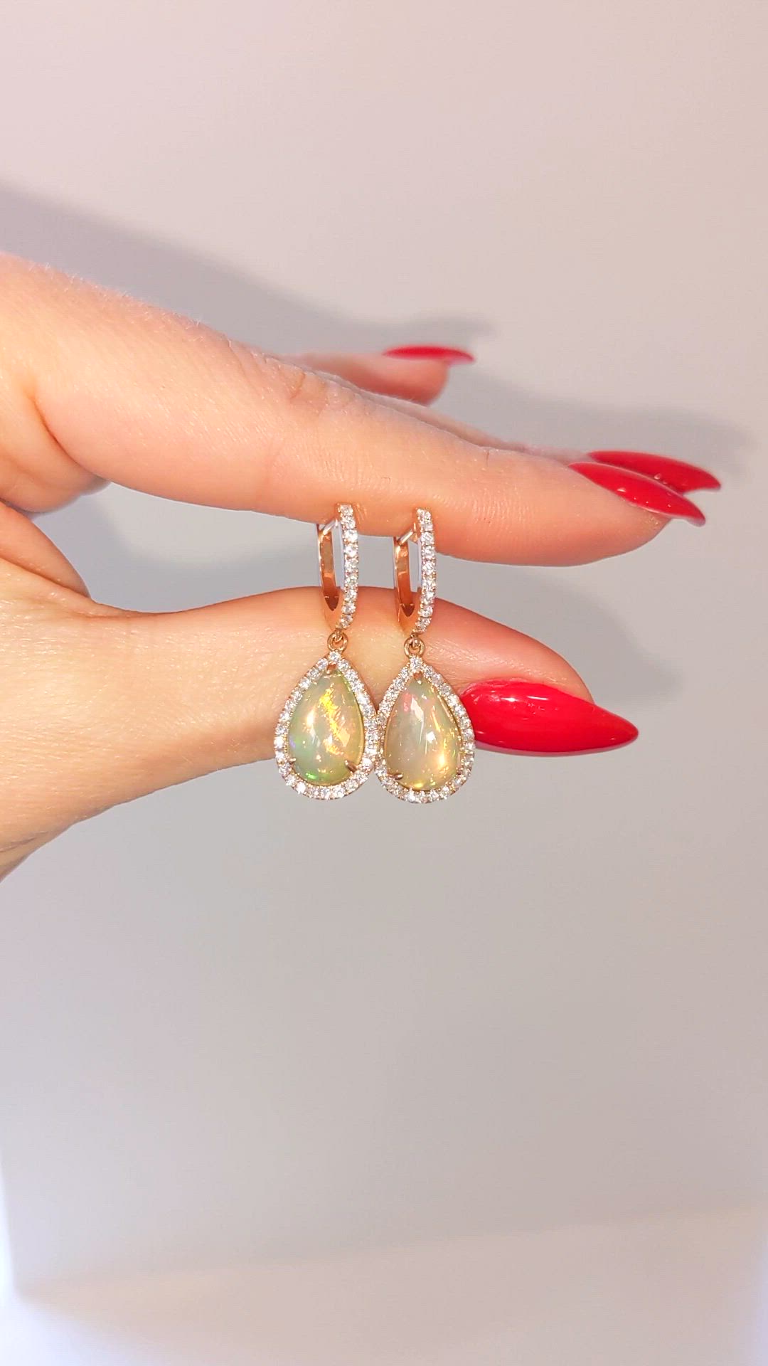 3.37&nbsp;Ct.Tw.Total Carat Weight Multi Color Opal and Natural Diamond Halo Earrings, 14K Rose Gold Size Video