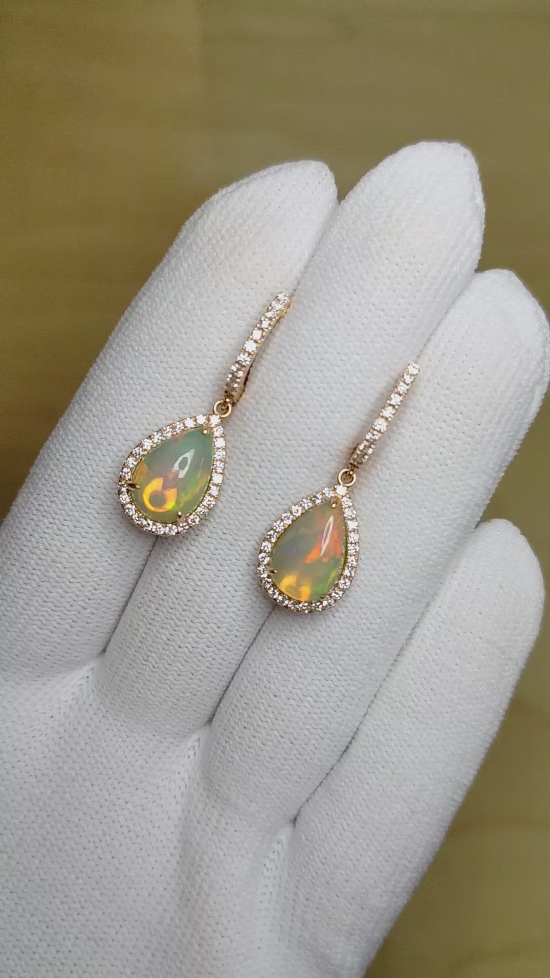 3.37&nbsp;Ct.Tw.Total Carat Weight Multi Color Opal and Natural Diamond Halo Earrings, 14K Rose Gold Size Video