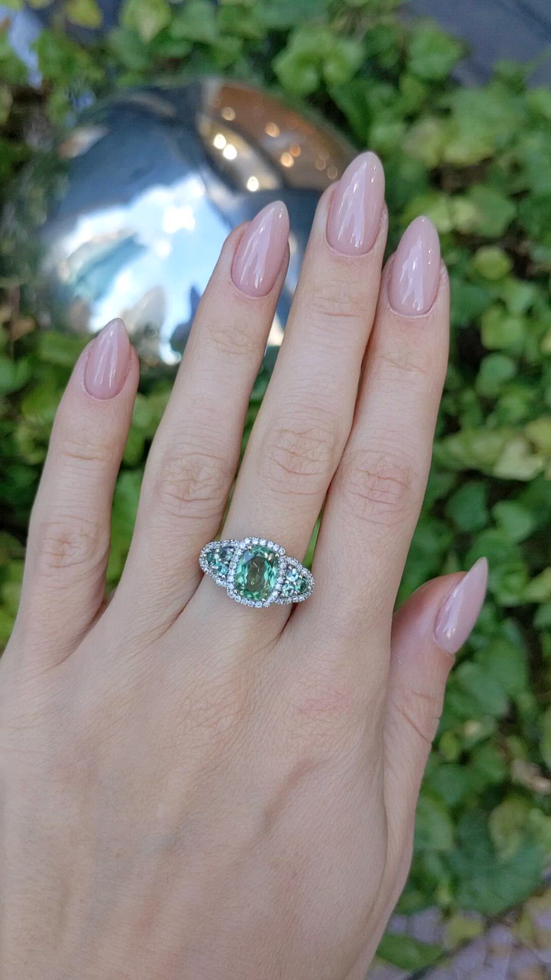 2.30 Ct. Alexandrite and Natural Diamond Three Stone Ring, 18K White Gold Size Video