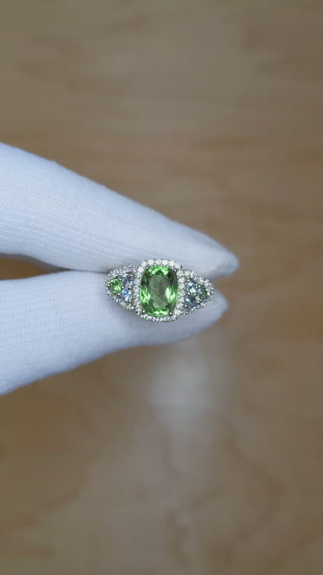 2.30 Ct. Alexandrite and Natural Diamond Three Stone Ring, 18K White Gold Size Video