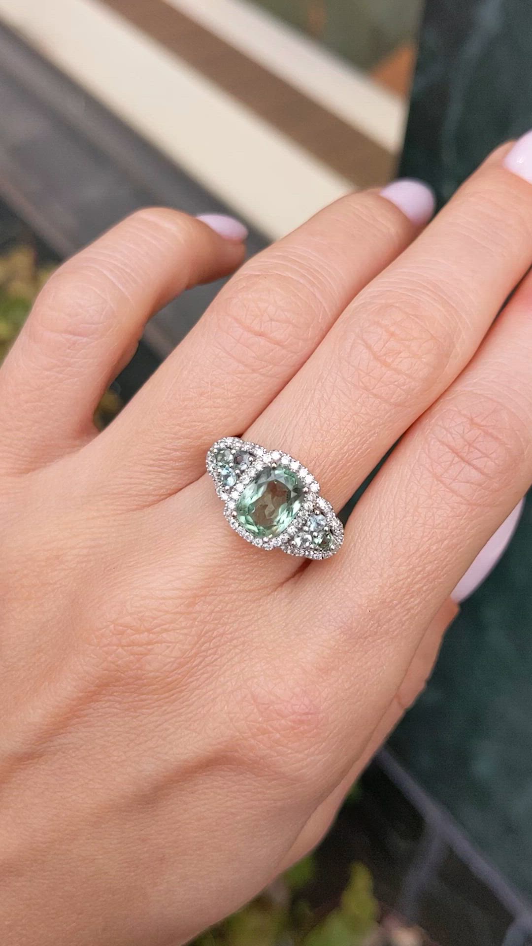 2.30 Ct. Alexandrite and Natural Diamond Three Stone Ring, 18K White Gold Size Video