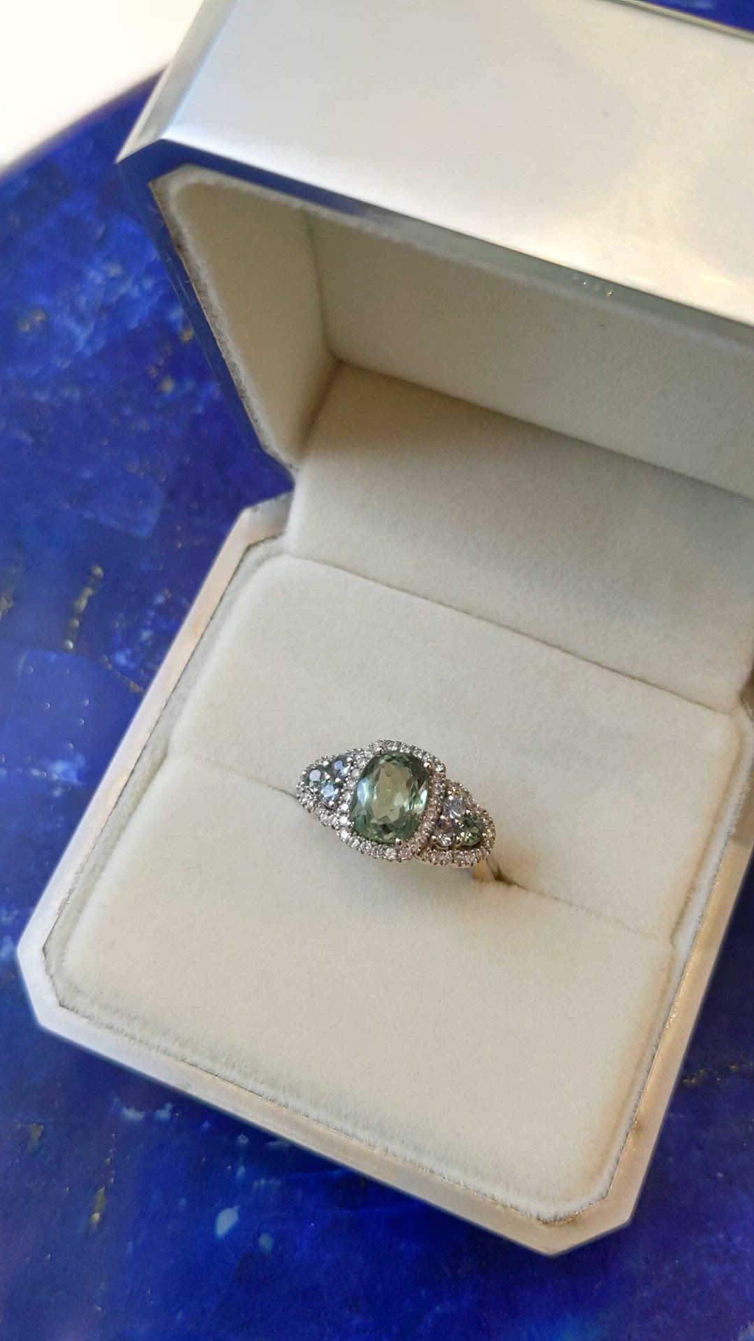 2.30 Ct. Alexandrite and Natural Diamond Three Stone Ring, 18K White Gold Size Video
