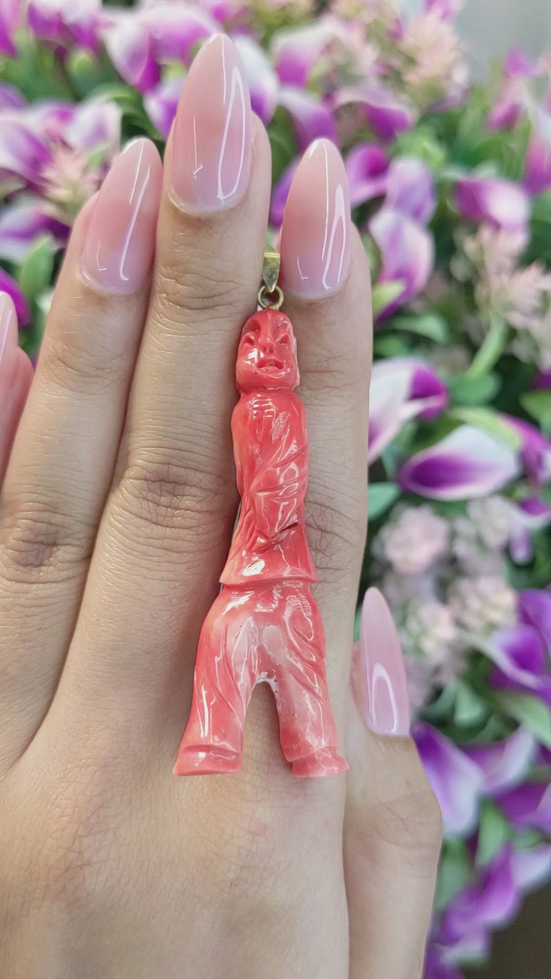 50.90 Ct. Salmon (Orangish Red) Coral Antique Style Pendant, 14K Yellow Gold Size Video