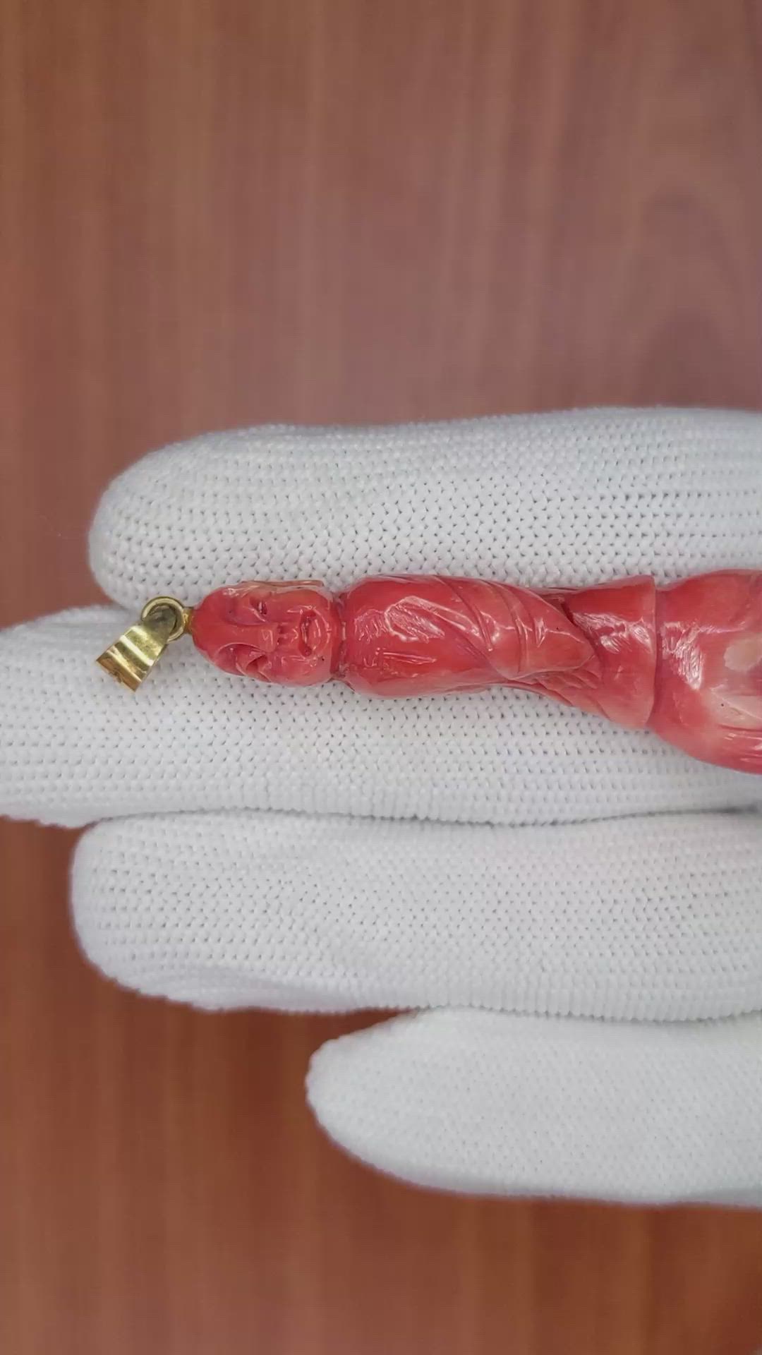 50.90 Ct. Salmon (Orangish Red) Coral Antique Style Pendant, 14K Yellow Gold Size Video