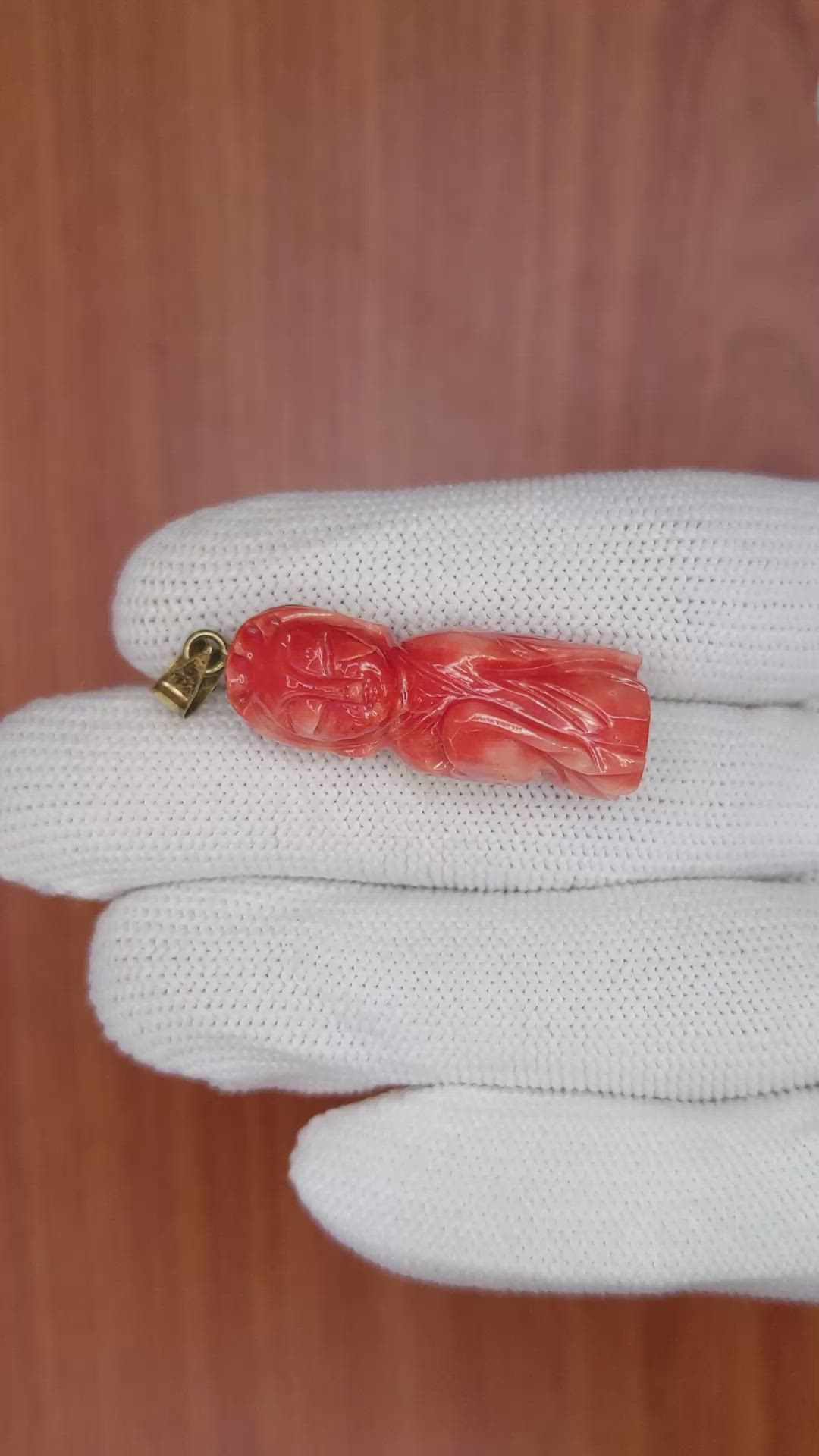 29.02 Ct. Salmon (Orangish Red) Coral Antique Style Pendant, 14K Yellow Gold Size Video