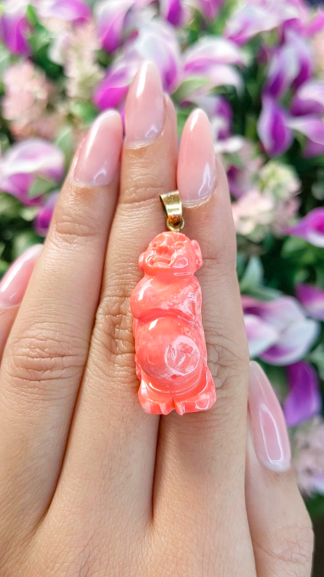 42.32 Ct. Salmon (Orangish Red) Coral Antique Style Pendant, 14K Yellow Gold Size Video