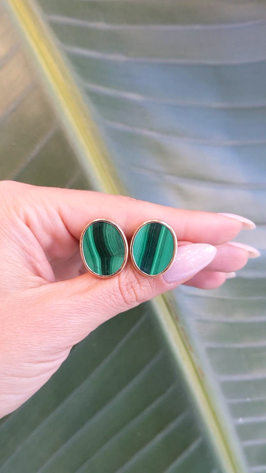 23.10 Ct.Tw.Total Carat Weight Malachite Studs Earrings, 18K Yellow Gold Size Video