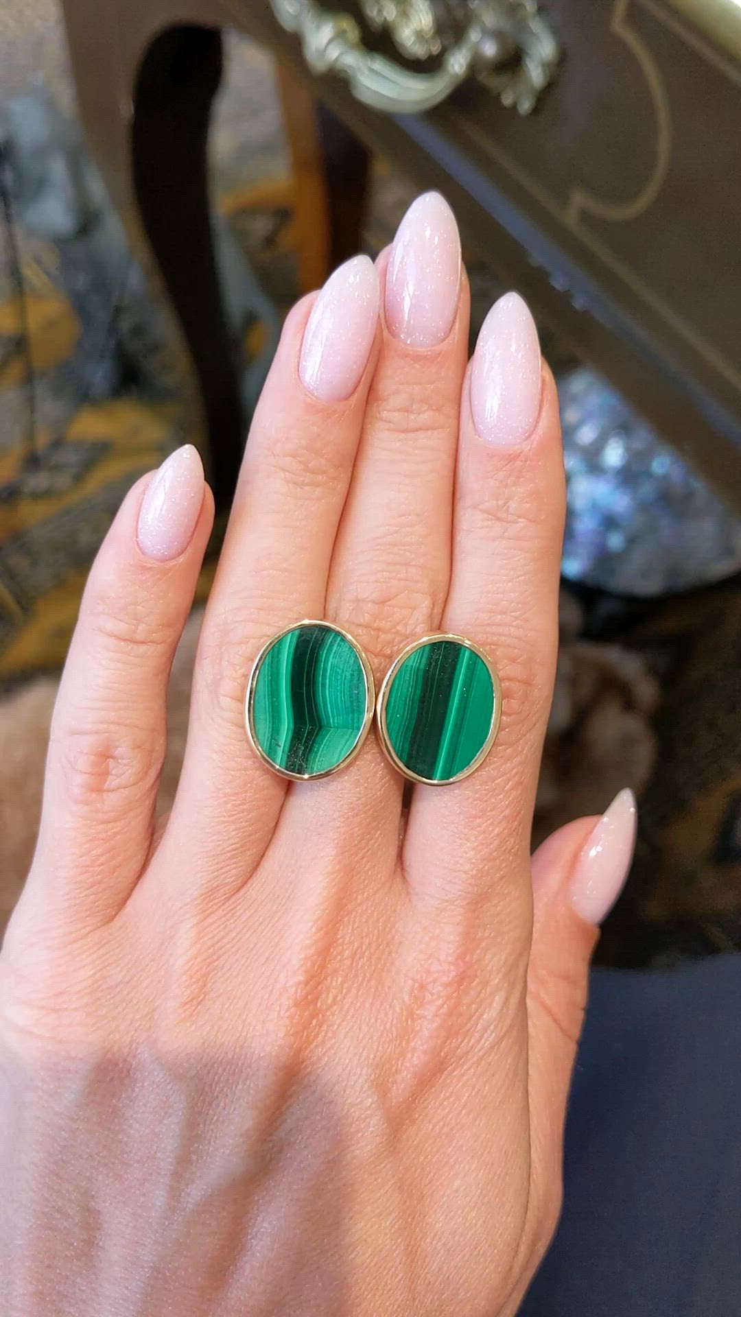 23.10 Ct.Tw.Total Carat Weight Malachite Studs Earrings, 18K Yellow Gold Size Video
