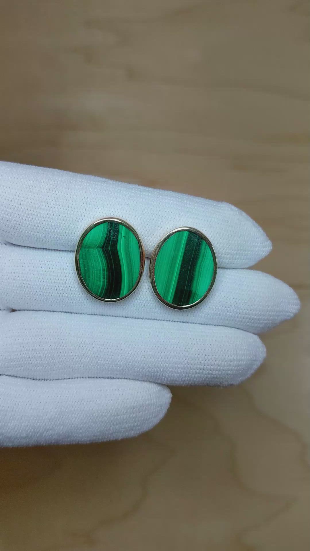 23.10 Ct.Tw.Total Carat Weight Malachite Studs Earrings, 18K Yellow Gold Size Video