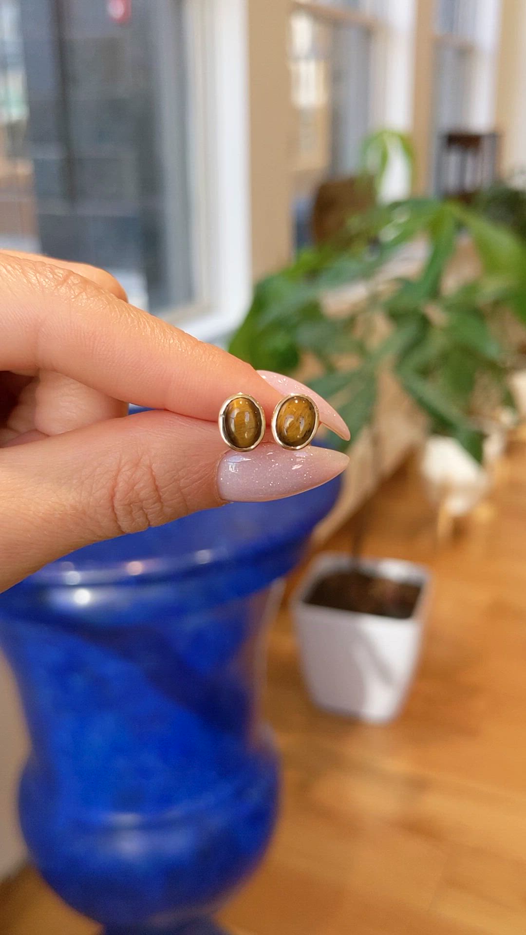 1.87 Ct.Tw.Total Carat Weight Tiger's Eye Studs Earrings, 18K Yellow Gold Size Video