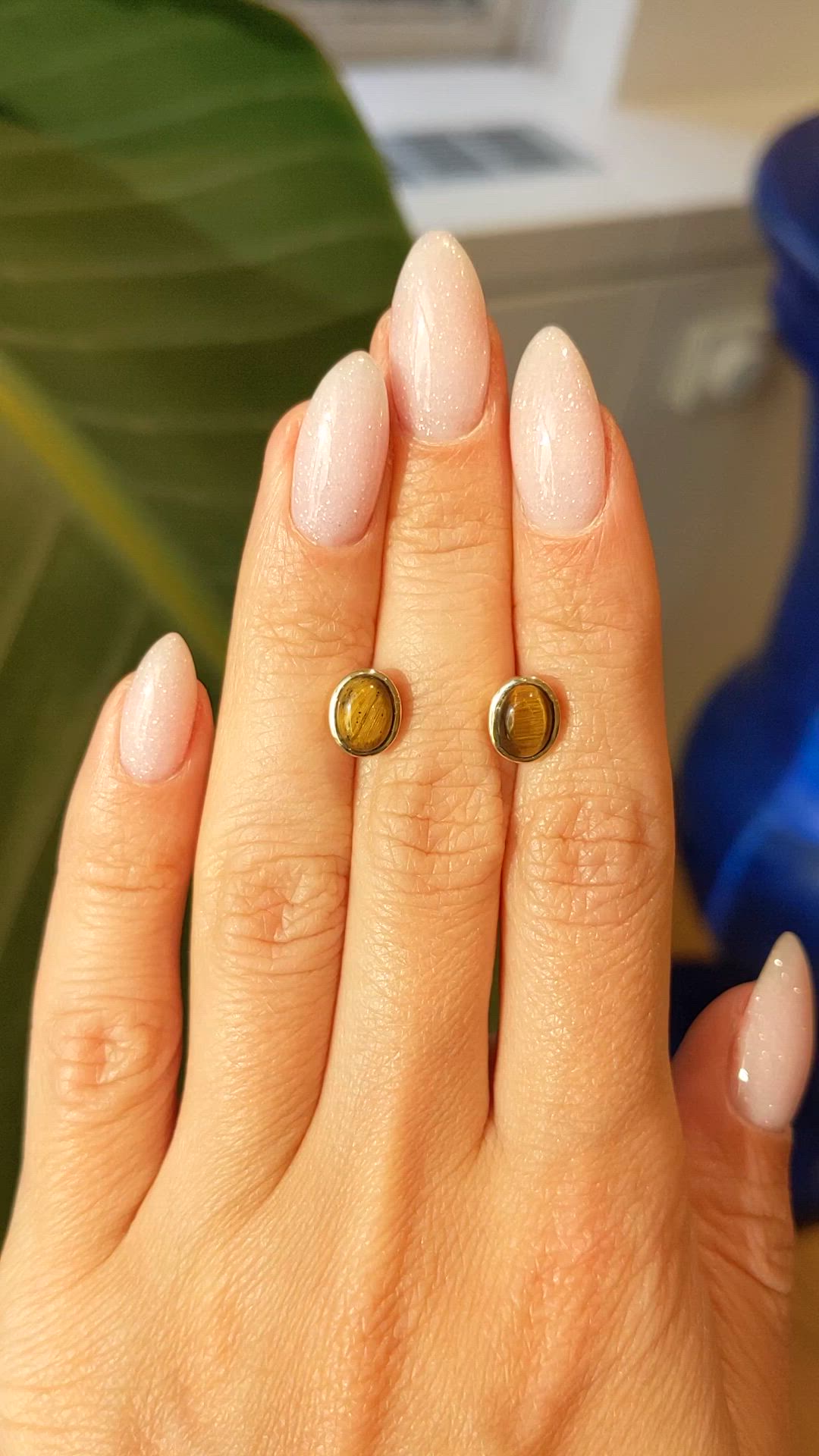 1.87 Ct.Tw.Total Carat Weight Tiger's Eye Studs Earrings, 18K Yellow Gold Size Video