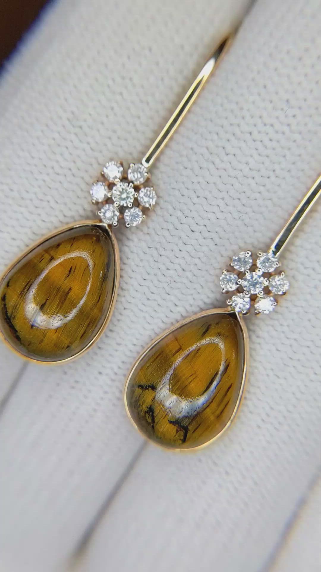 11.40 Ct.Tw.Total Carat Weight Tiger's Eye and Natural Diamond Bezel Earrings, 14K Yellow Gold Size Video