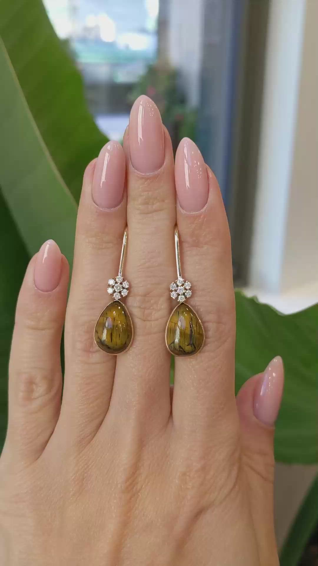 11.40 Ct.Tw.Total Carat Weight Tiger's Eye and Natural Diamond Bezel Earrings, 14K Yellow Gold Size Video