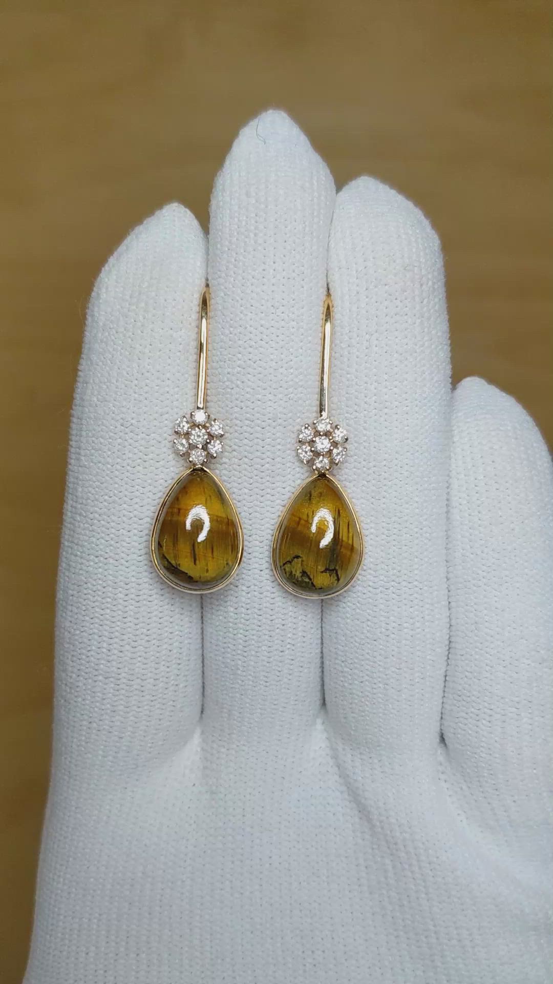 11.40 Ct.Tw.Total Carat Weight Tiger's Eye and Natural Diamond Bezel Earrings, 14K Yellow Gold Size Video