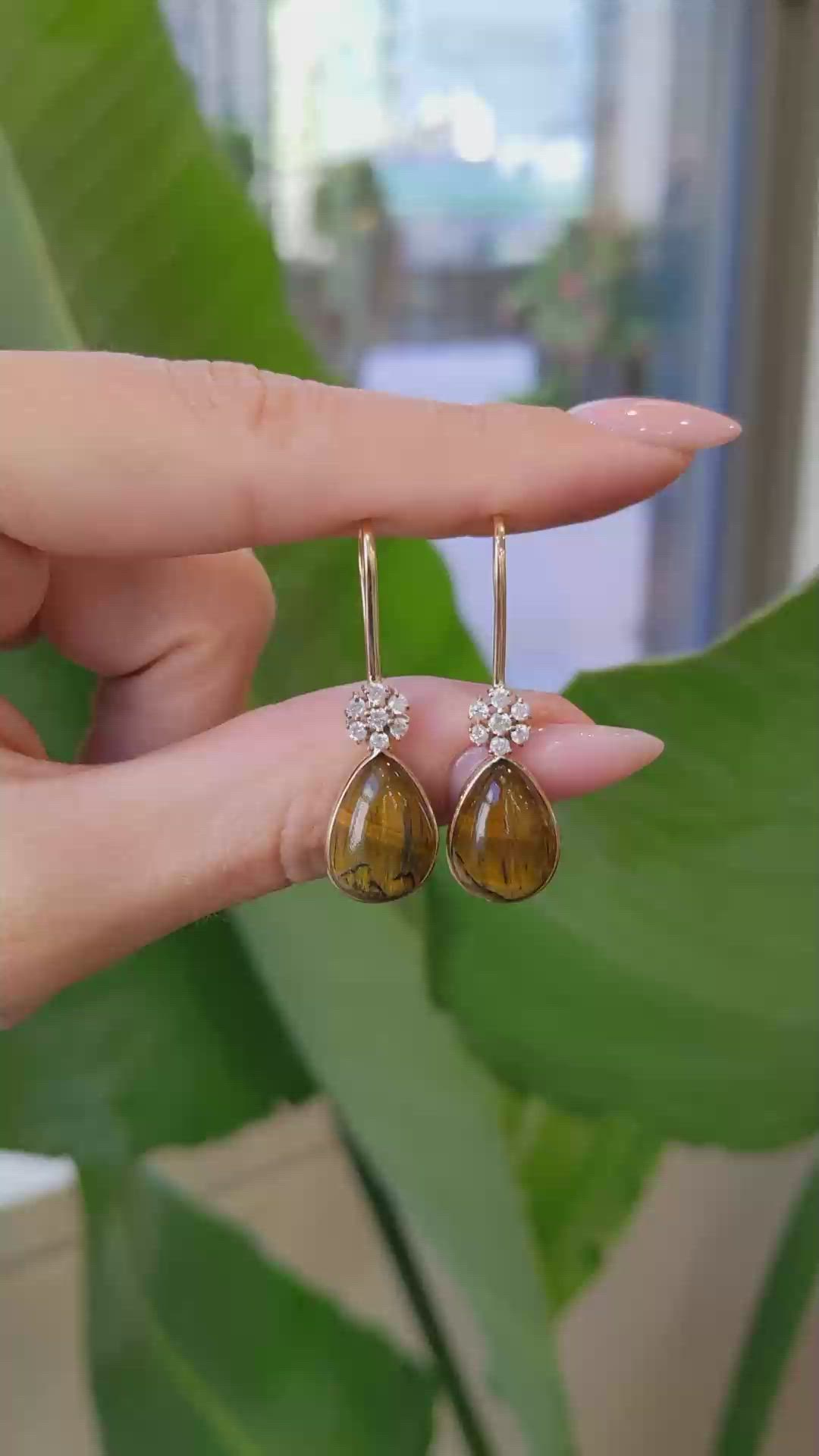 11.40 Ct.Tw.Total Carat Weight Tiger's Eye and Natural Diamond Bezel Earrings, 14K Yellow Gold Size Video