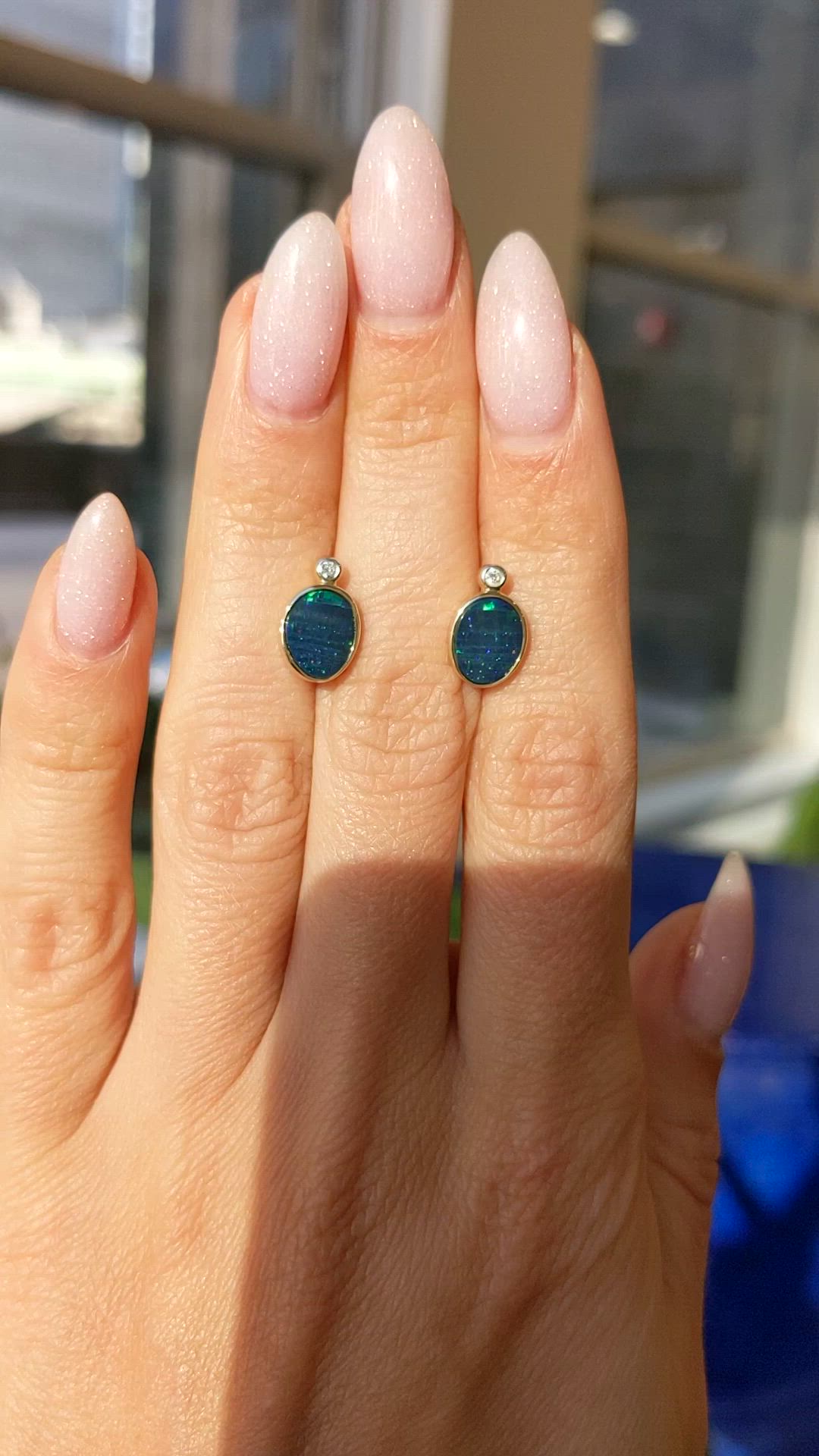 1.34&nbsp;Ct.Tw.Total Carat Weight Multi Color Opal and Natural Diamond Studs Earrings, 14K Yellow Gold Size Video