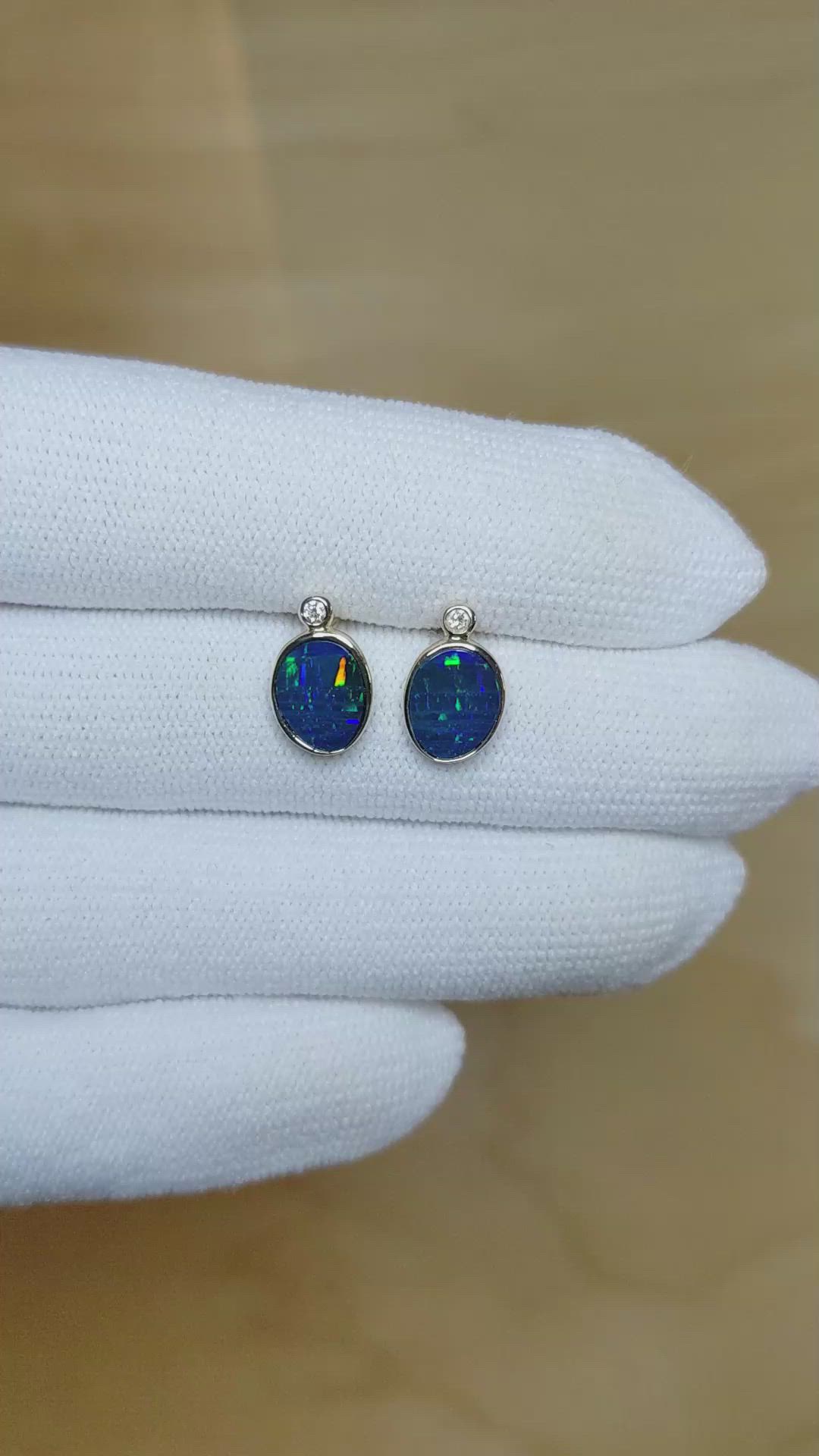 1.34&nbsp;Ct.Tw.Total Carat Weight Multi Color Opal and Natural Diamond Studs Earrings, 14K Yellow Gold Size Video