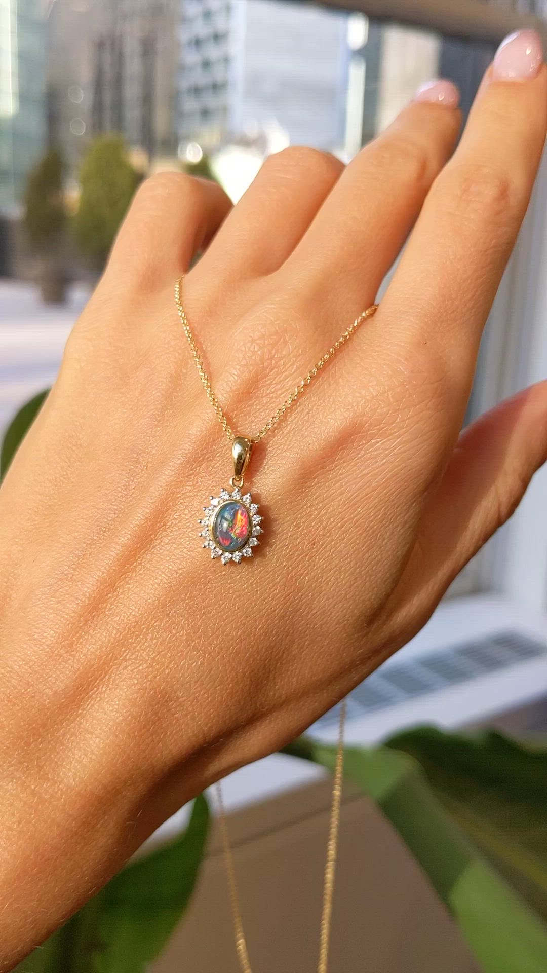 0.86 Ct. Multi Color Opal and Natural Diamond Halo Pendant, 14K Yellow Gold Size Video
