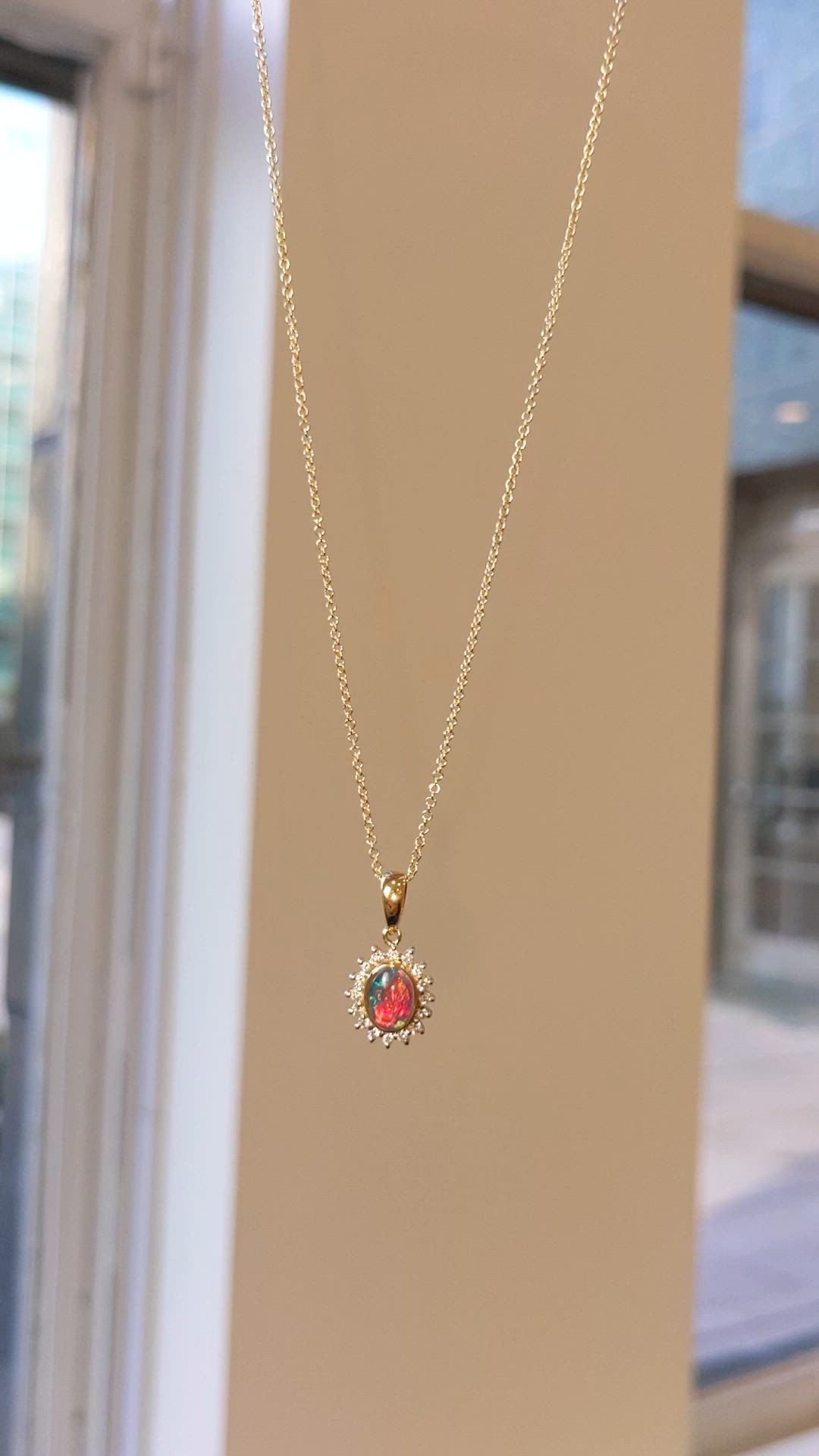 0.86 Ct. Multi Color Opal and Natural Diamond Halo Pendant, 14K Yellow Gold Size Video
