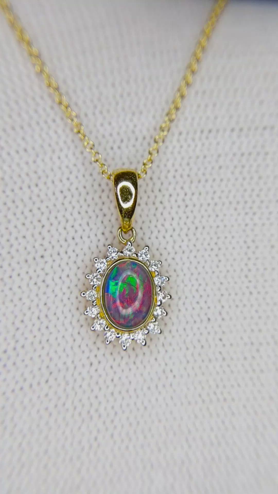 0.86 Ct. Multi Color Opal and Natural Diamond Halo Pendant, 14K Yellow Gold Size Video