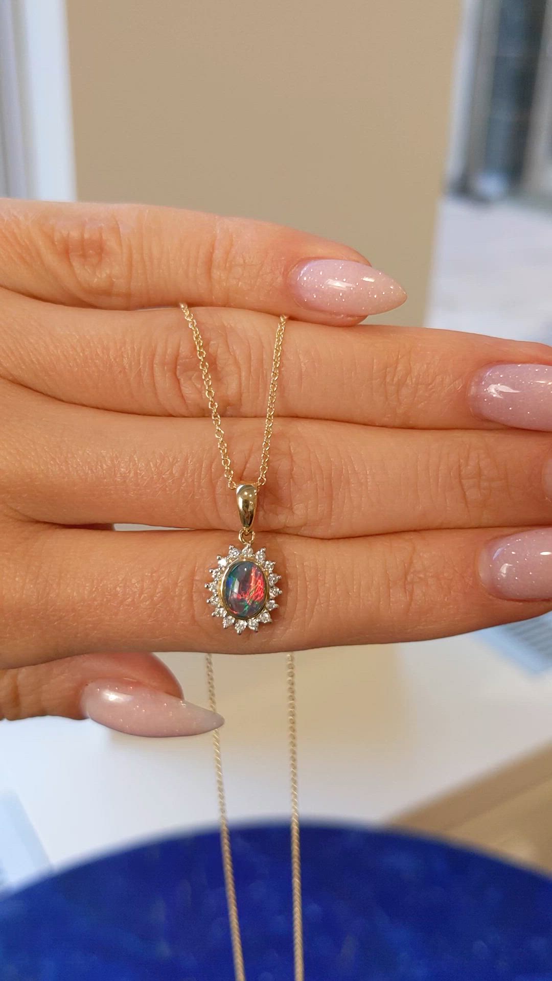 0.86 Ct. Multi Color Opal and Natural Diamond Halo Pendant, 14K Yellow Gold Size Video
