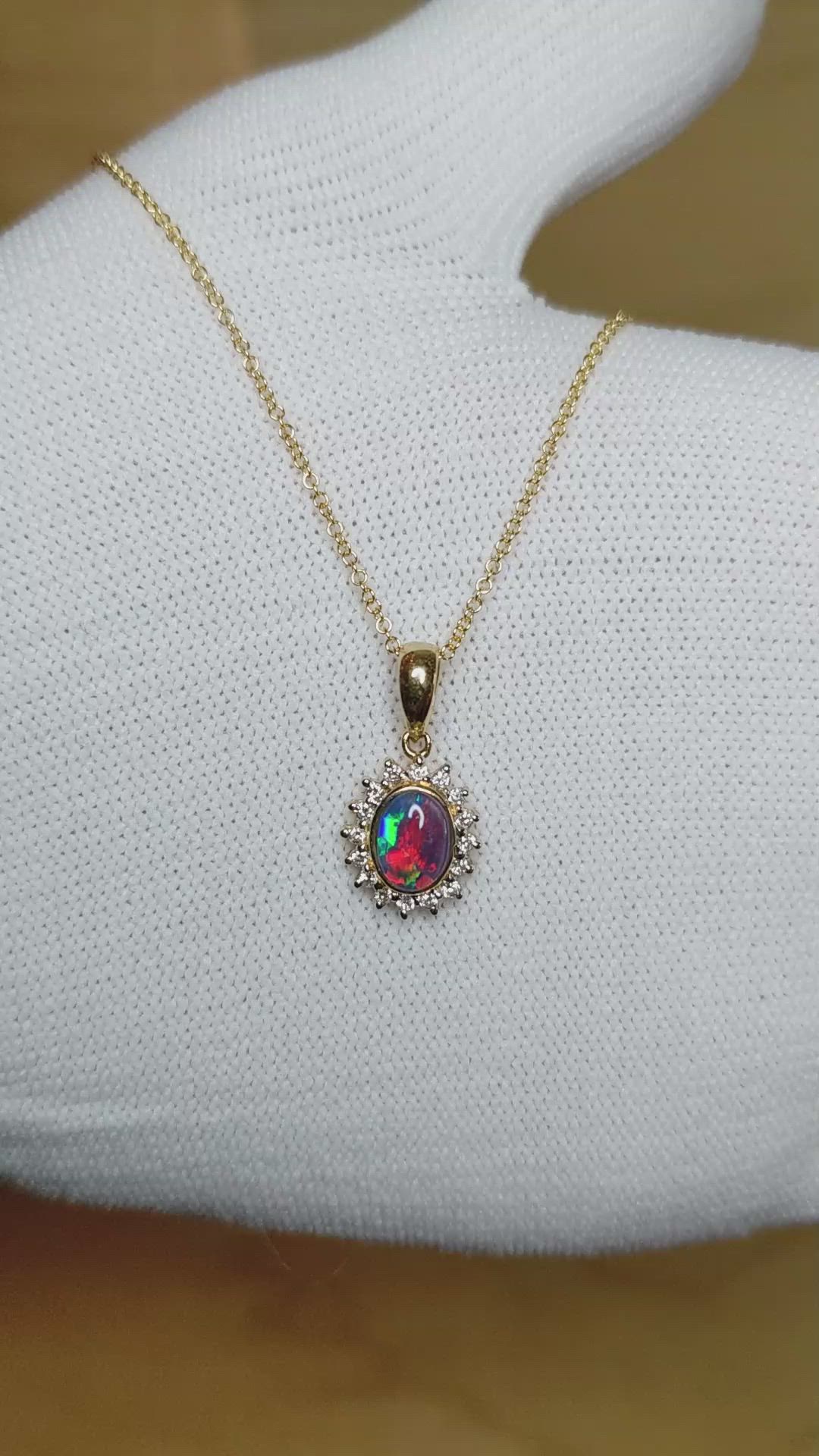 0.86 Ct. Multi Color Opal and Natural Diamond Halo Pendant, 14K Yellow Gold Size Video