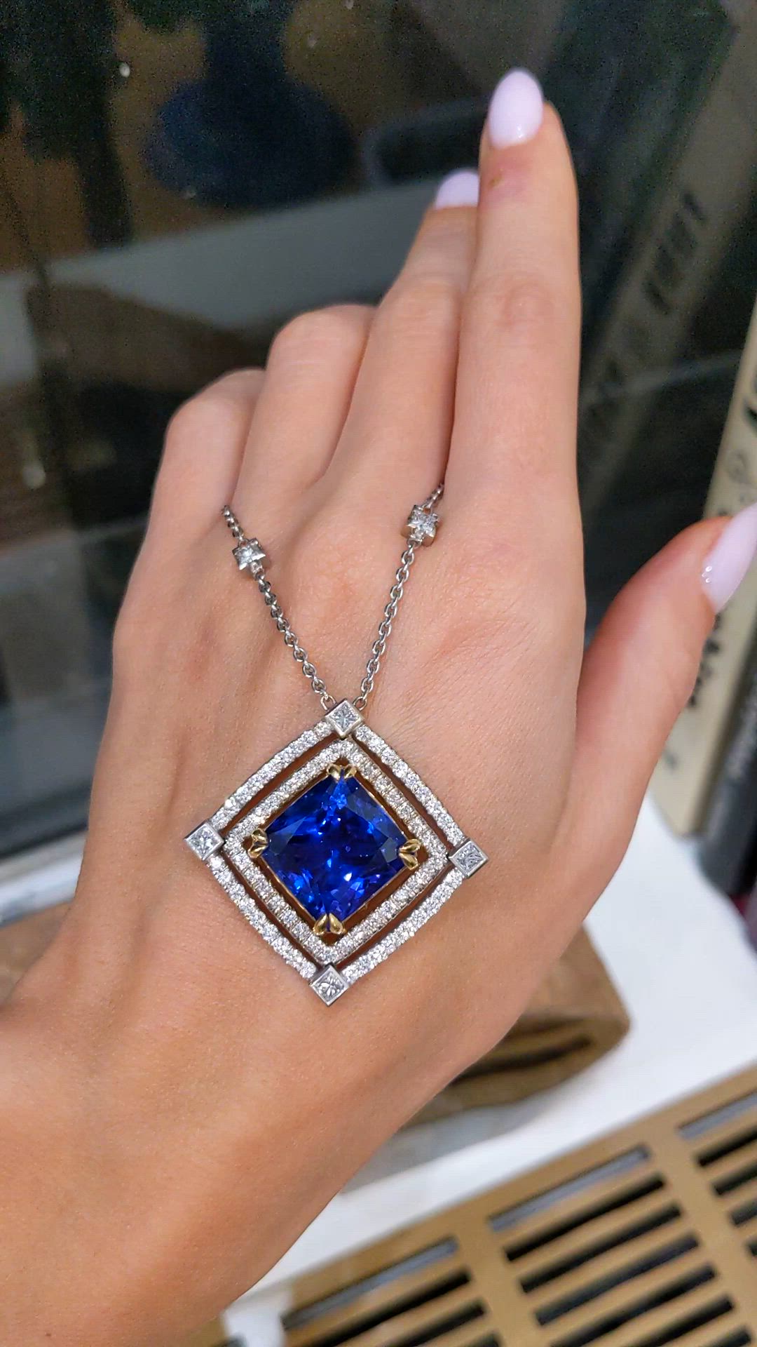 16.38 Ct. Violet Tanzanite and Natural Diamond Pave Necklace, 18K White & Yellow Size Video